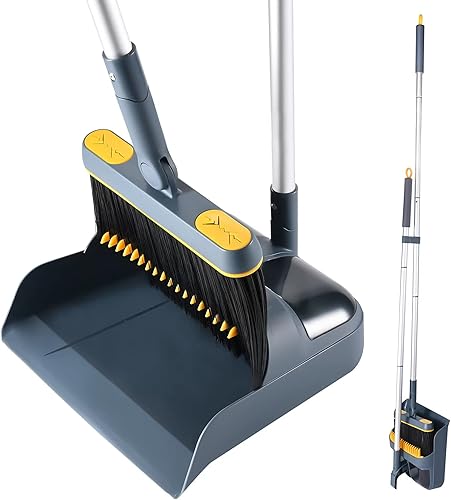 DALIPER Juego de escoba y recogedor con mango de aluminio de 54 pulgadas de largo, escoba giratoria de 180 grados y bandeja vertical para polvo con