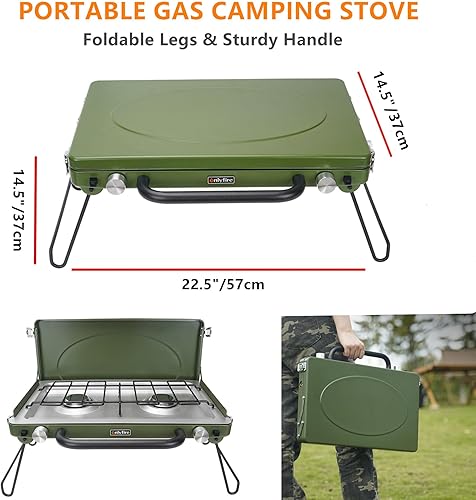 Miniatura 2 de ONLYFIRE OUTDOOR LIVING Estufa de gas portátil para campamento de 2 quemadores, estufa de propano con patas plegables, pestillo y asa de alta