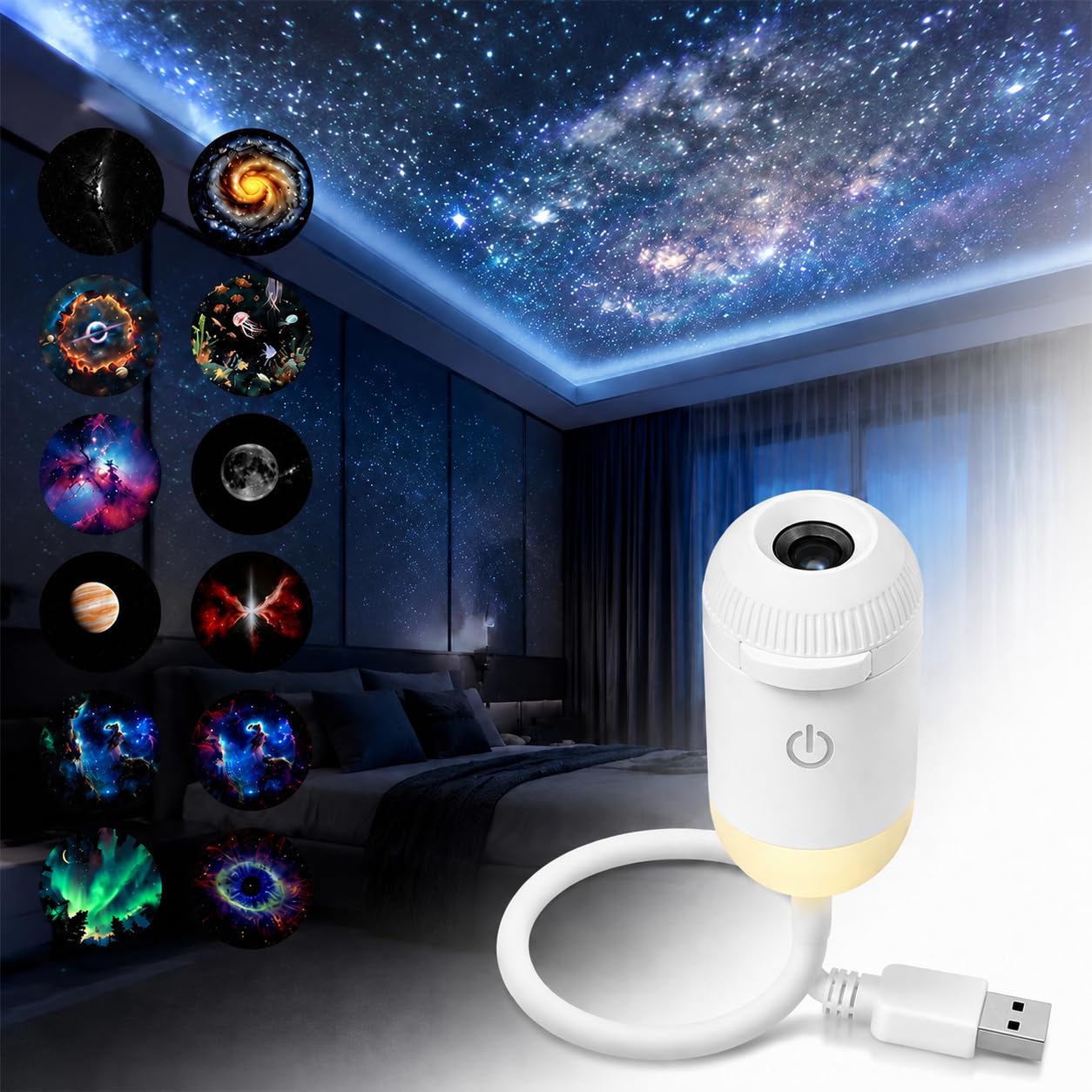 2 in 1 Galaxy Projector Night Light, LED Projektor Sternenhimmel mit 12 Folien, 360° Adjustable Sternenhimmel Projektor Erwachsene für Wohnzimmer, Schlafzimmer, Autos