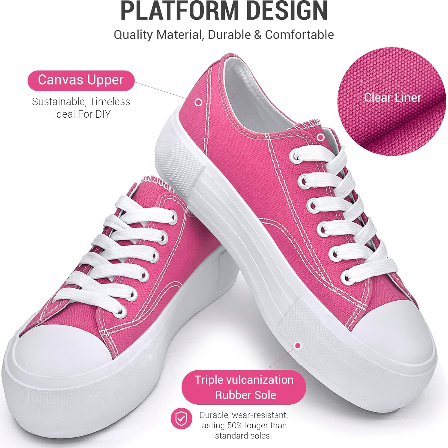 Women's Platform Sneakers Canvas Low Top, 4cm Height Increasing Chunky Shoes for Girls, Classic Casual Walking Footwear - Image 4