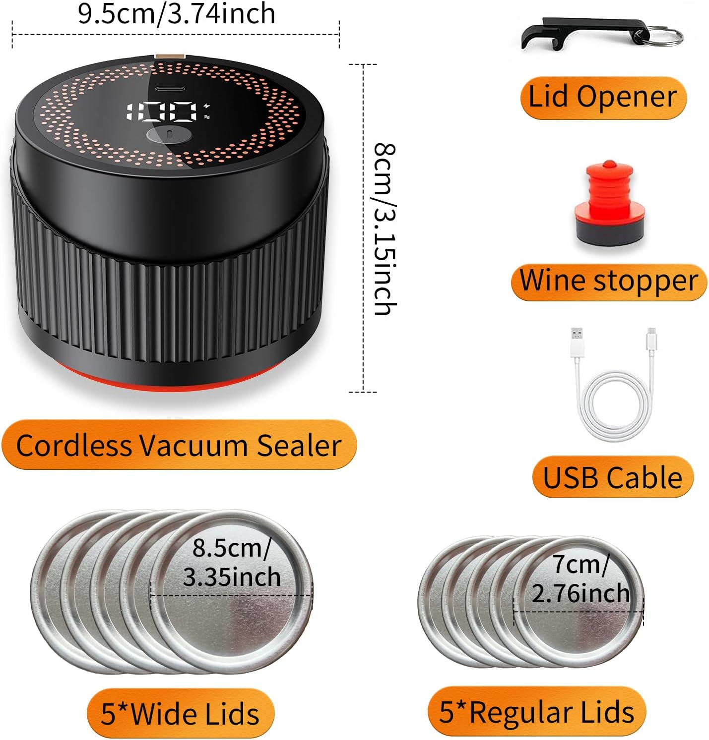 4 IN 1 Mason Jar Vacuum Sealer Kit,Electric Mason Jar Vacuum Sealer,Wide Mouth and Regular Lid, Lid Opener,Wine Stopper Included,for Canning Sealing Preserving Jars,Pickling,Jams Food Storage