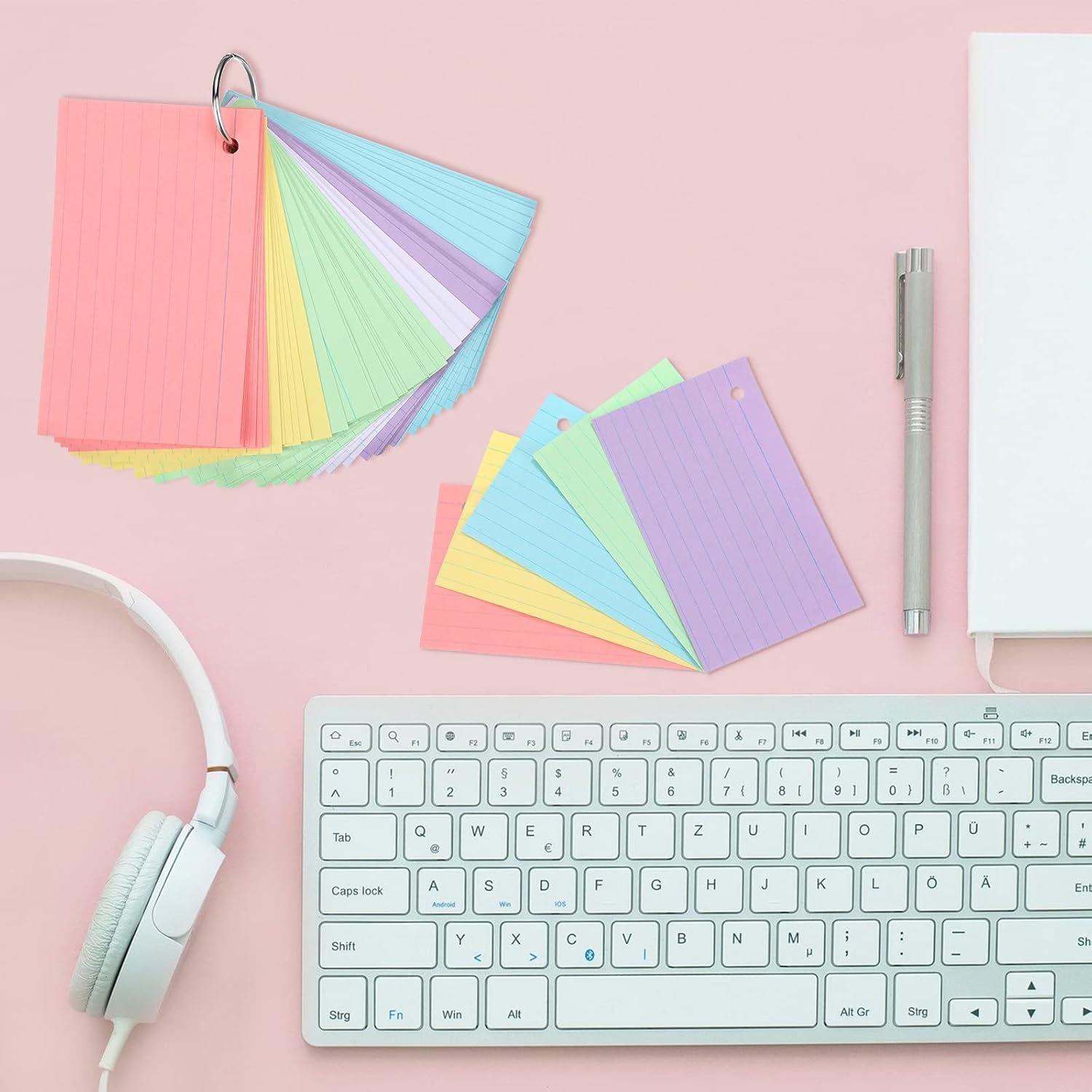 300 Pieces Index Cards Flash Cards with Rings Punched Index Cards Flashcards On a Ring for Studying Ruled Color Note Cards for Adults Kids Home Classroom Office (3 x 5 Inch)