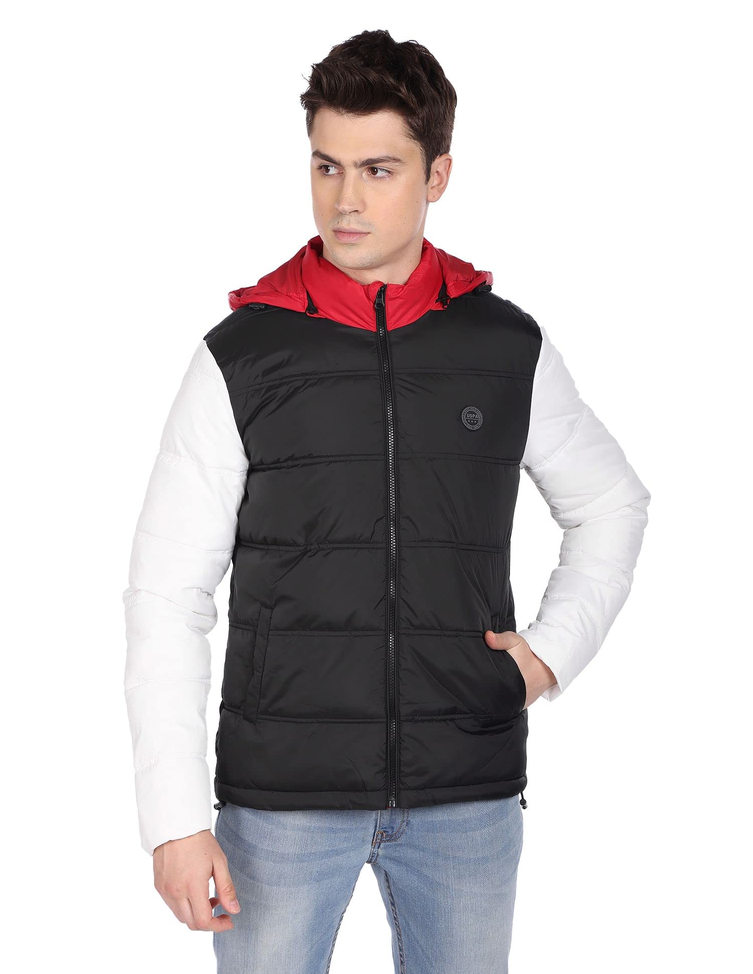 u.s. polo assn. Men Black and White High Neck Colour Block Puffer Jacket-picture-31