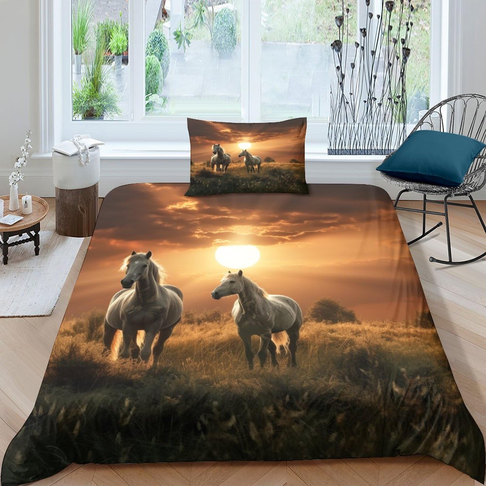 BARDYS Sunset And Horses Duvet Cover Set for Childrens And Adults 3D Printed Bedding Set Horses Comforter Cover Soft Microfiber with Zipper Quilt Cover with Pillowcaser Single（135x200cm）