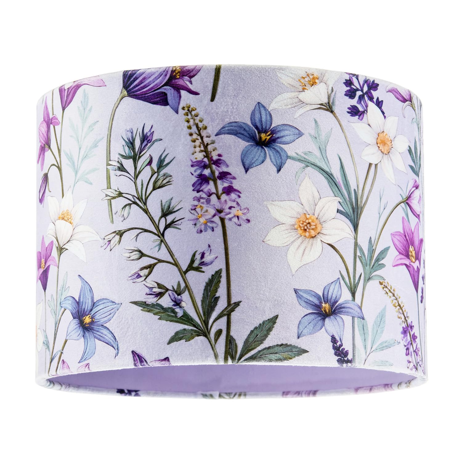 Vivid and Chic Lavender Velvet Lamp Shade with Blue Purple and White Flowers | 18cm x 25cm | Inner Soft Lilac Fabric Lining by Happy Homewares