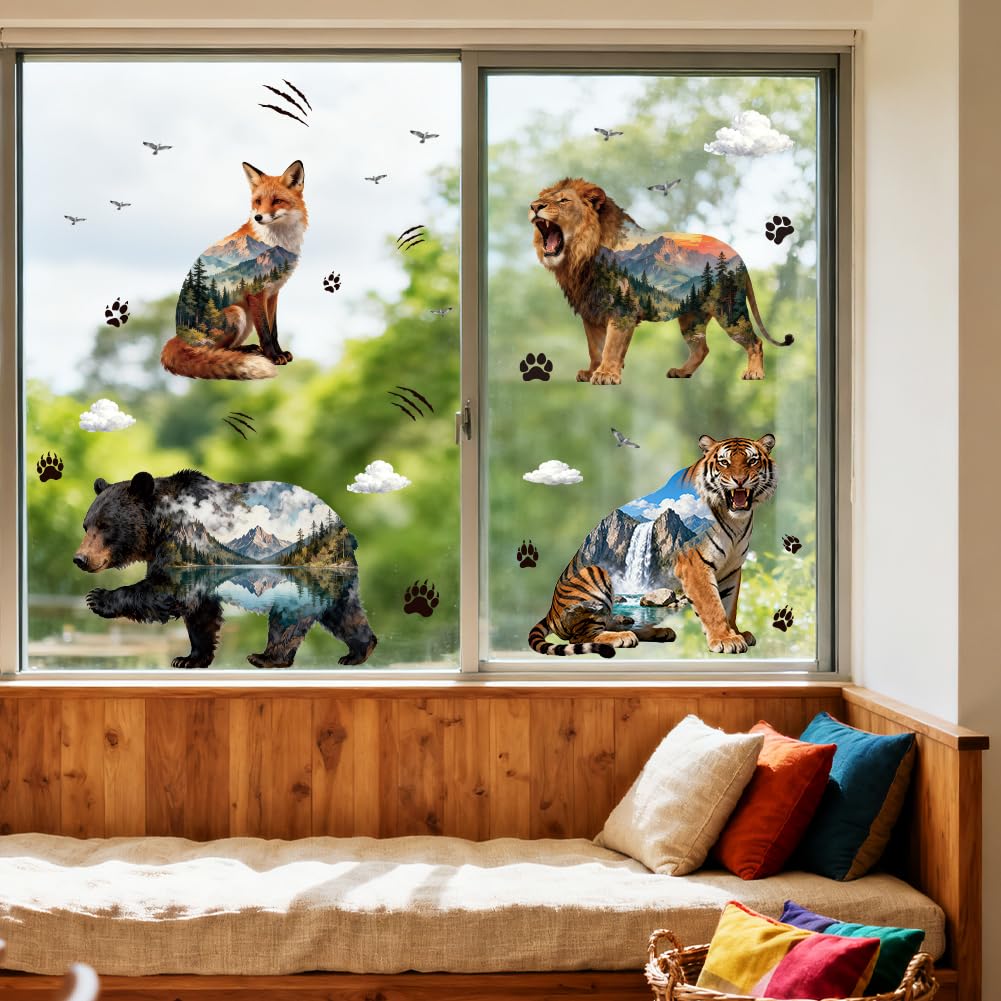 ANATTASOUL Animal Static Window Stickers Large Animals Scenery Reusable Window Clings for Glass Windows, 47.24" x 11.8" Removable Double Sided Window Decals for Room Office Home Kitchen Decoration