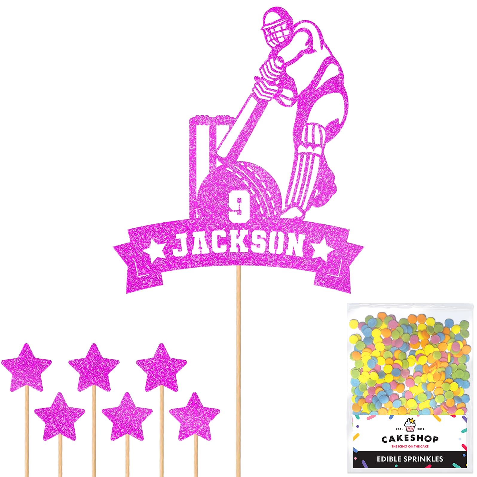 Personalised Cricket Wicket and Bat Glitter Cake Topper - Pink Any Custom Age & Name Glitter Cake Decoration and Sprinkles - Happy Birthday Decorations - Personalised Toppers for Cakes by Cakeshop โ image 1