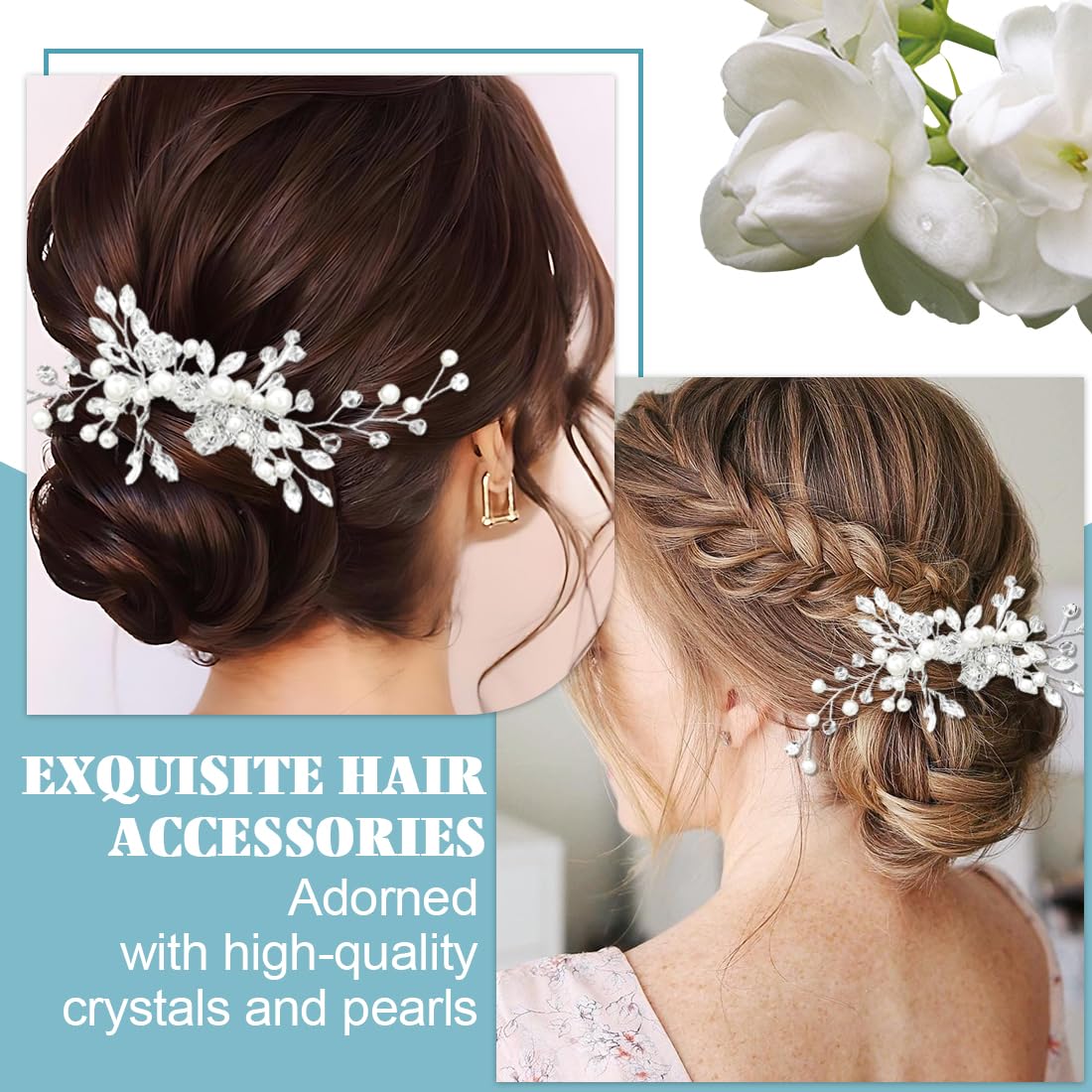 Fermaglio Capelli Sposa Argentato Con Cristalli, 2 Pettini Eleganti Per Matrimonio E Occasioni Speciali, Set Completo Per Donne E Ragazze