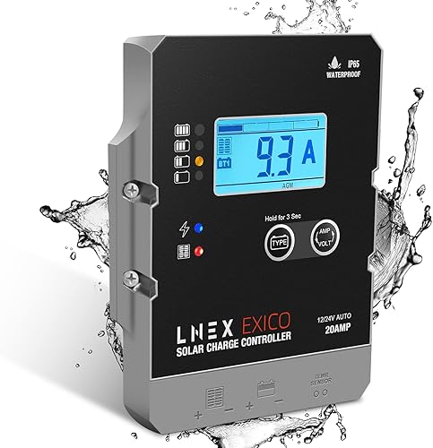LNEX Controlador de carga solar impermeable, 20 A, panel solar súper delgado, regulador inteligente con pantalla LCD 12V24V PWM controlador solar