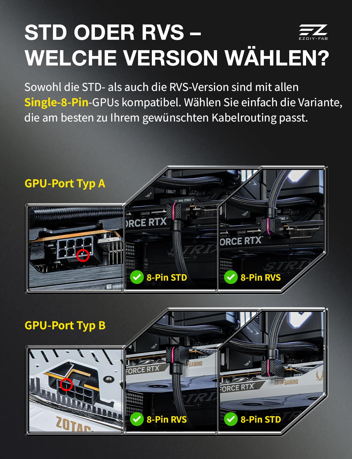 EZDIY-FAB UNIFAS ARGB 8-Pin PCIe-GPU-Verlängerungskabel, 16AWG, 90-Grad-Rechtwinkelstecker, 5V 3-Pin RGB-Synchronisation, Einheitliches Kabeldesign, nur Einzelner 8Pin-Stecker, Schwarz-STD