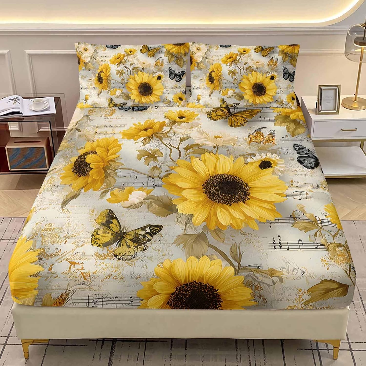 AILONEN Yellow Sunflower Fitted Sheet Queen Size with 2 Pillowcases,Butterfly Floral Bedding Set 3Pcs,Vintage Farmhouse Flowers Bed Sheet Set for Bedroom Decor