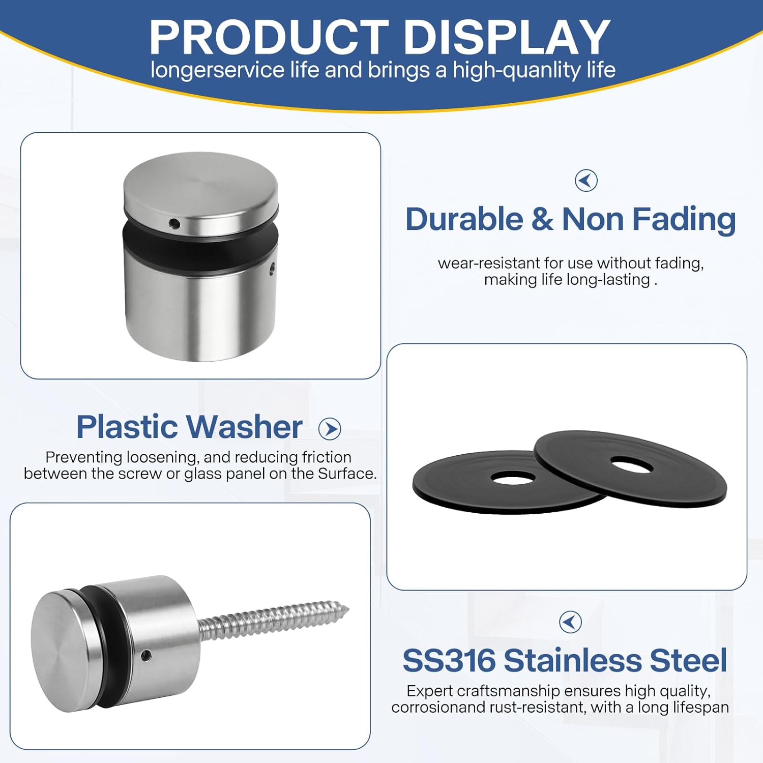 3TO Glass Railing Standoff - Marine Grade SS316 Innovative Standoffs for Balcony Stair Railing Modern Design Clamp Comes with Mounting Wrench (12, Brushed Finish)