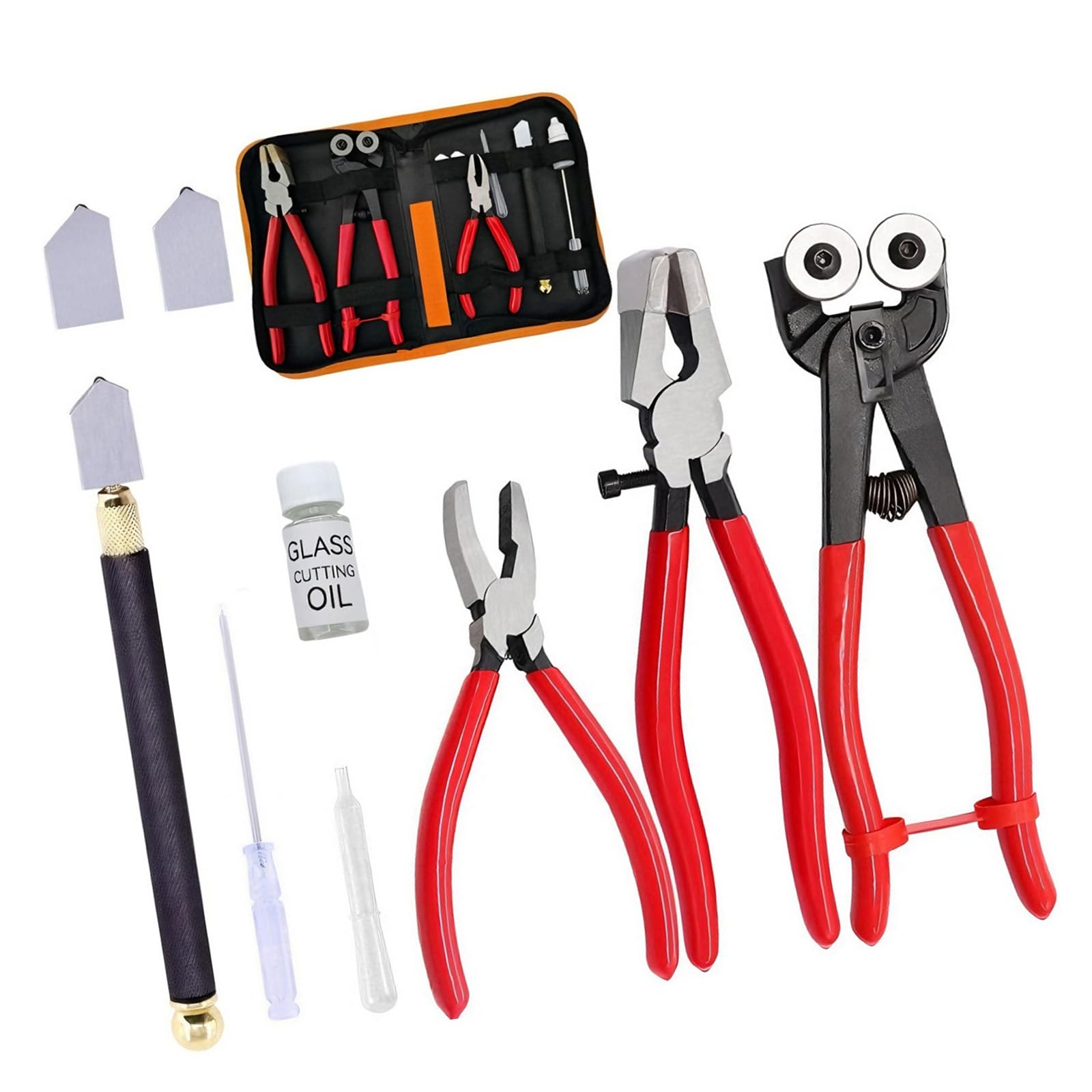 Premium Glass Cutting Set with Oil Feed Cutter Running Breaking Pliers Leather Case for Stained Glass Art Crafting 10PCS Fused Cutting Equipment