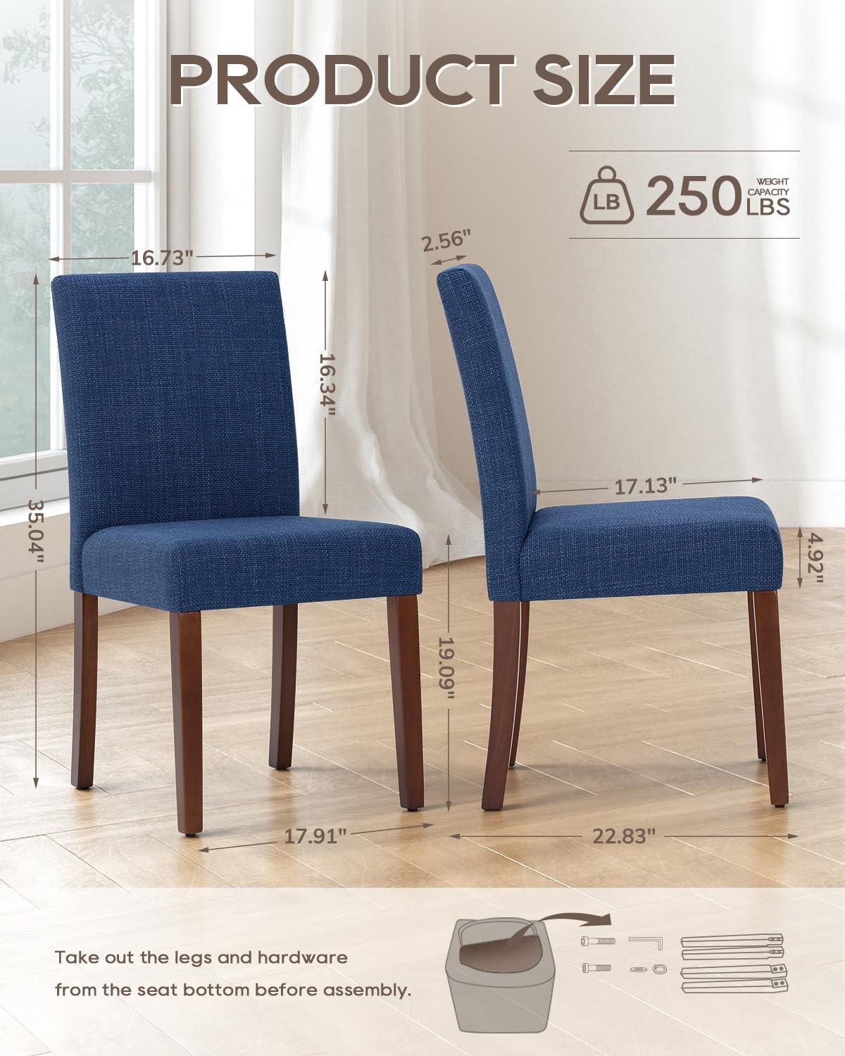 Upholstered Dining Chairs Set of 6 - Line Fabric Modern Farmhouse Kitchen Chairs,Mid-Back Dining Room Chairs with Wooden Legs