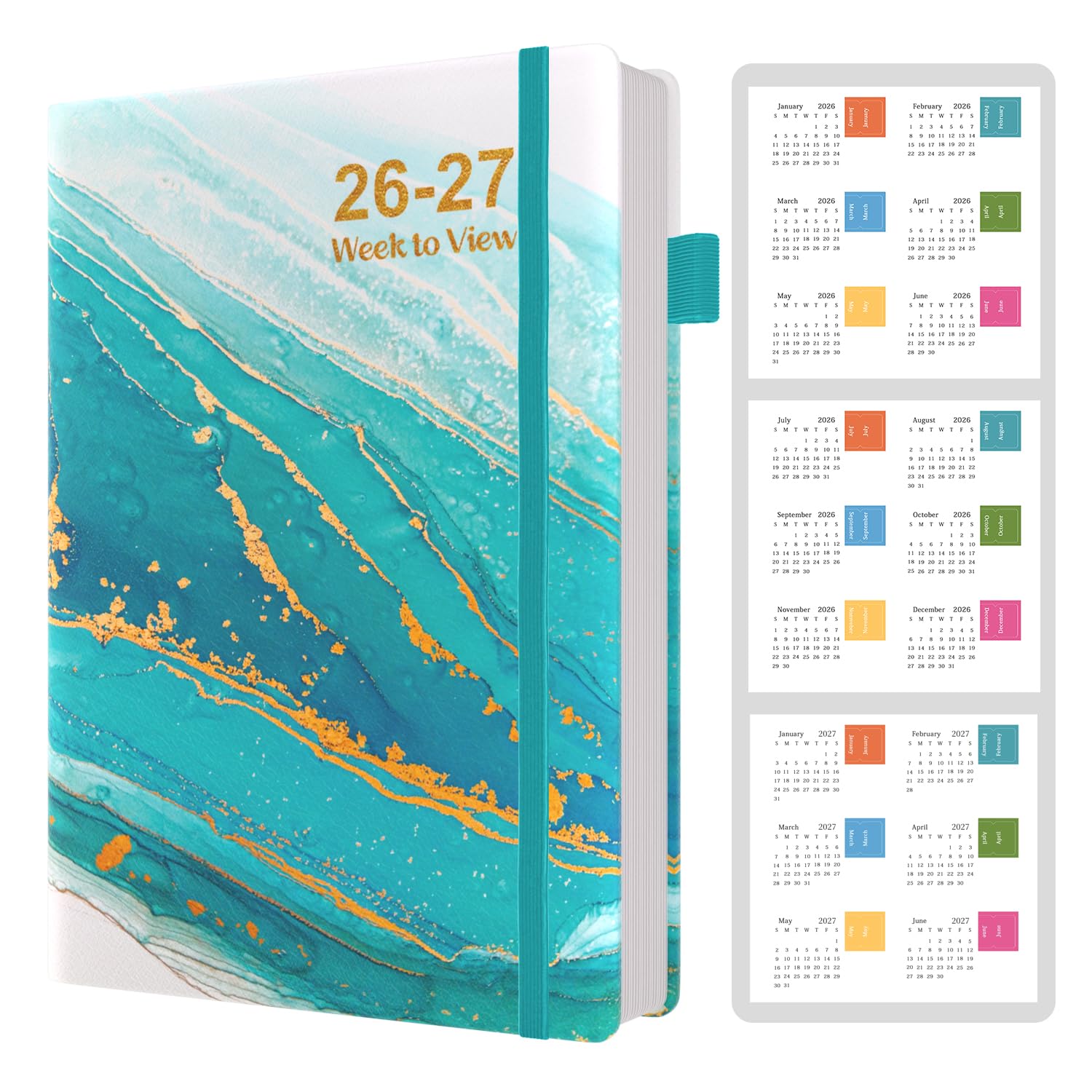 2026-2027 Diary A5 Week to View, July 2026 to June 2027, 18-Month Organiser with Calendar Stickers, Monthly Tabs, Hardcover & Banded, Pen Loop, Inner Pocket