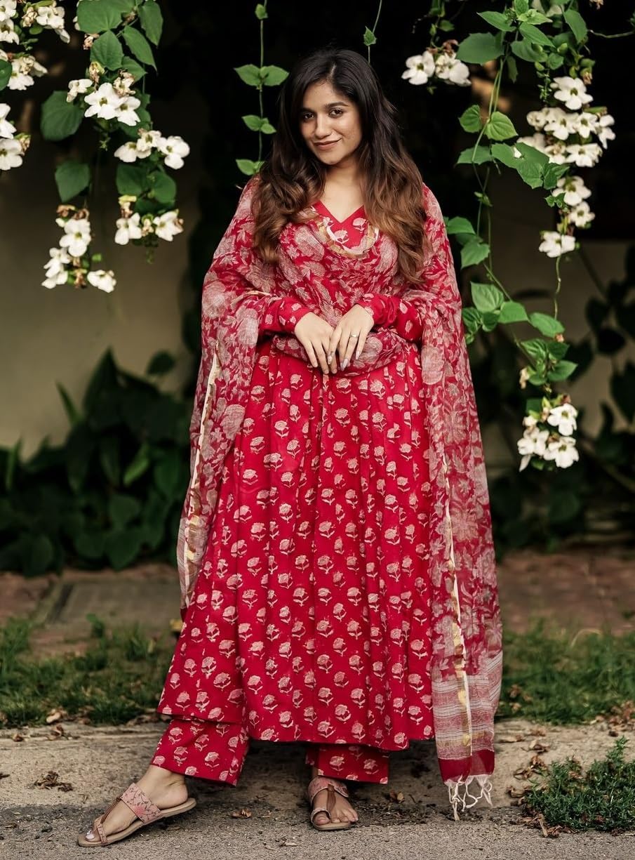 KLOSIA Women Viscose Printed Anarkali Kurta and Pant Set with Dupatta | Anarkali Kurta Set for Women | (in, Alpha, M, Red) 1