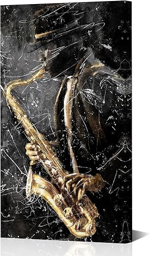 NutArtPic Arte de pared de música de jazz negro, impresión artística de saxofón, instrumentos musicales, pintura, lienzo de música vintage para