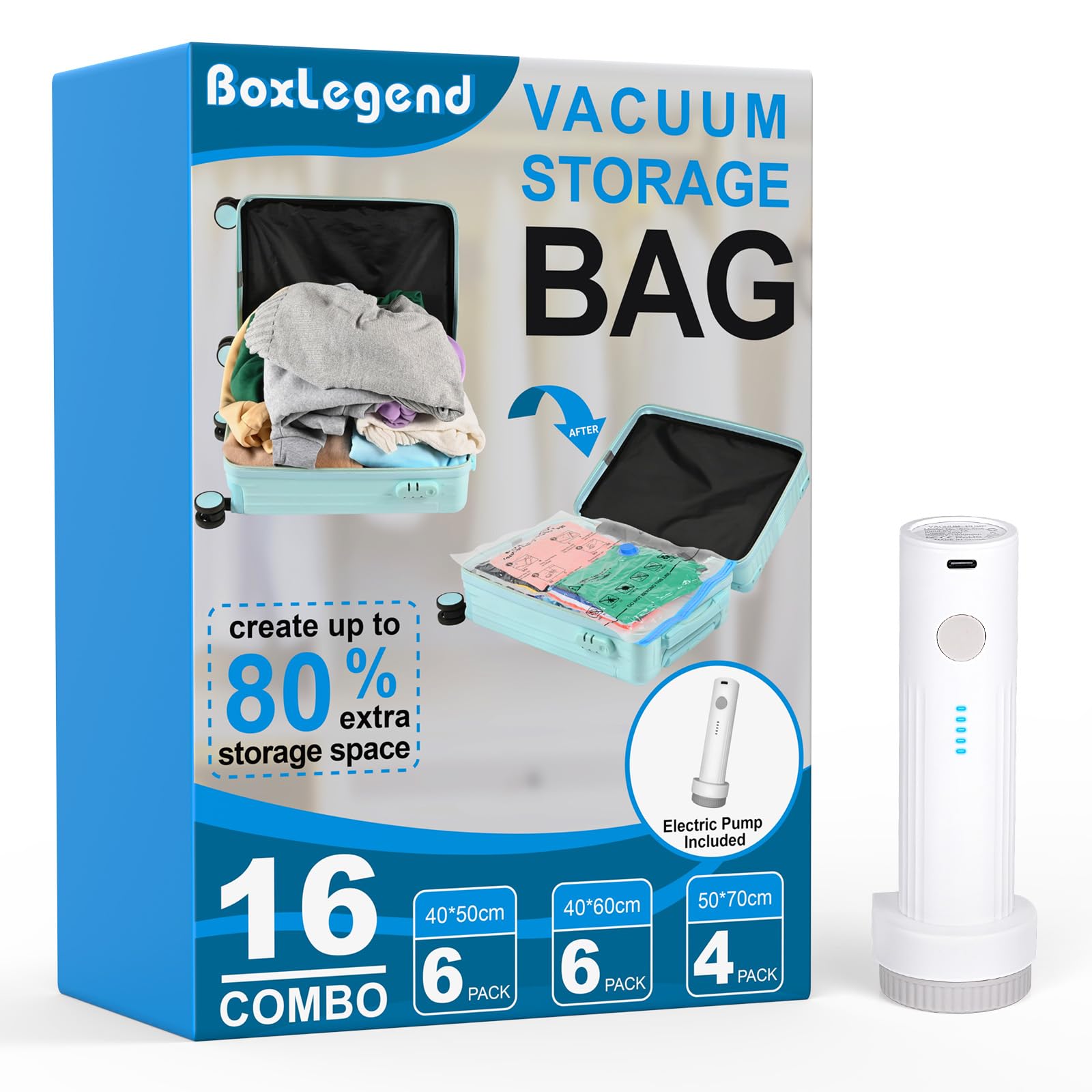 BoxLegend Vakuumbeutel für Kleidung mit Vakuumpumpe, 16 Stück (6x 40x50cm, 6x 40x60cm, 4x 50x70cm), Vakuumbeutel Reise Organizer Set, Vakuum Reisebeutel für Koffer Reise