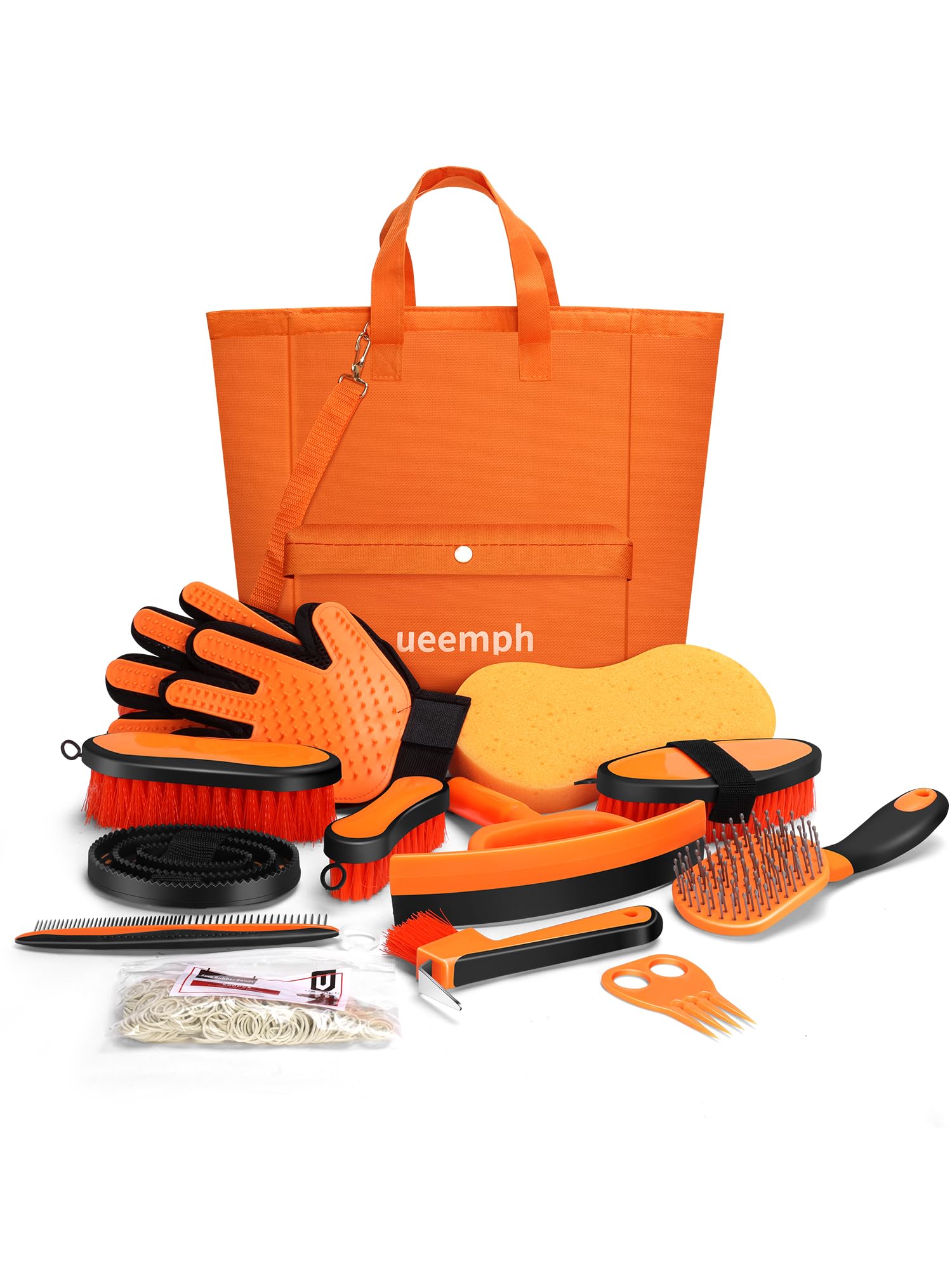 Kit de aseo de caballos (13 piezas), cepillos de caballo naranja, bolsa de almacenamiento, raspador de sudor, peine de melena, guantes de aseo de caballos, regalos para niñas (naranja)