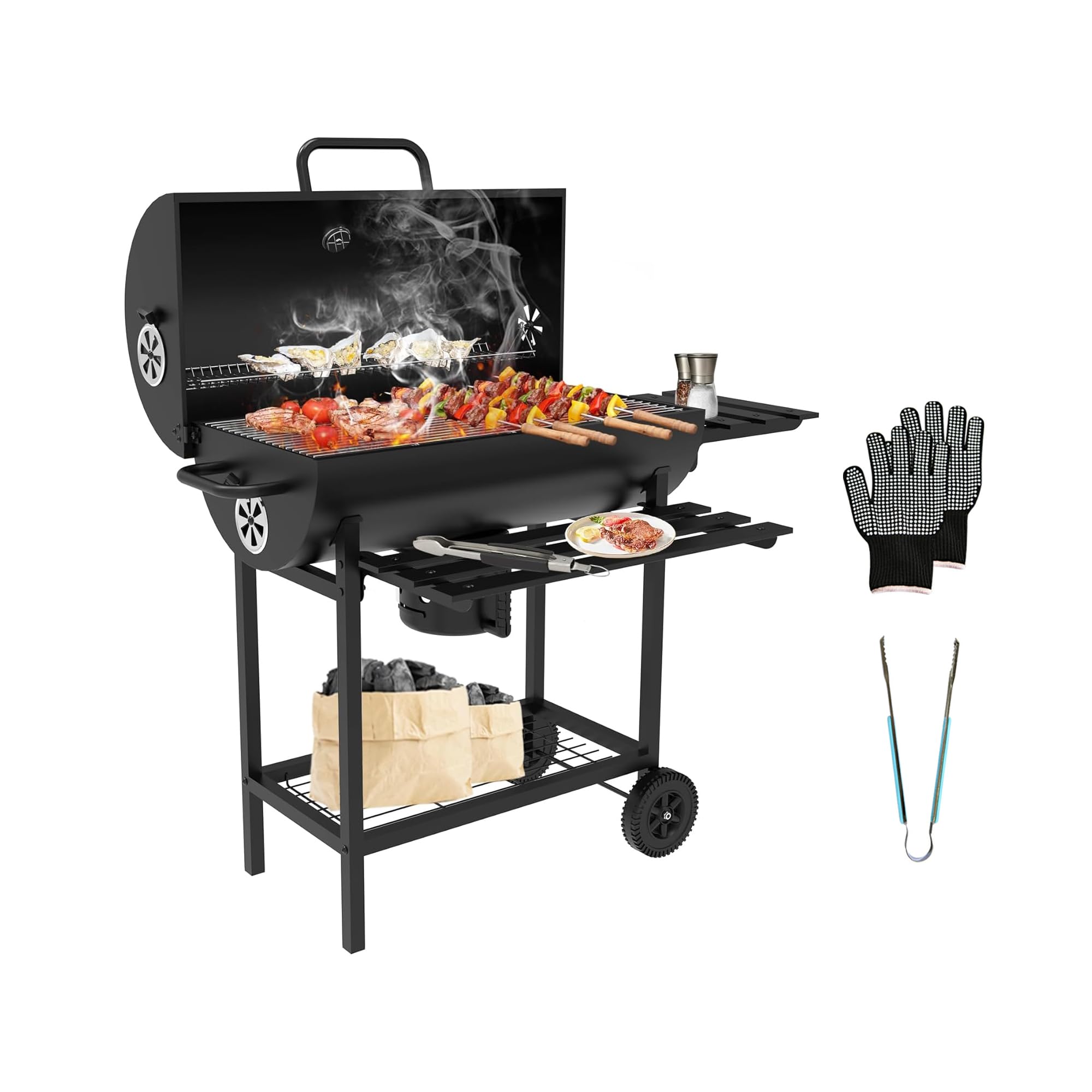 TEENO XXL Charcoal Smoker Grill, Portable Outdoor BBQ with Adjustable Charcoal Pan, Thermometer, Folding Side Table, Rolling Wheels, Grill Gloves & Food Clips โ image 1