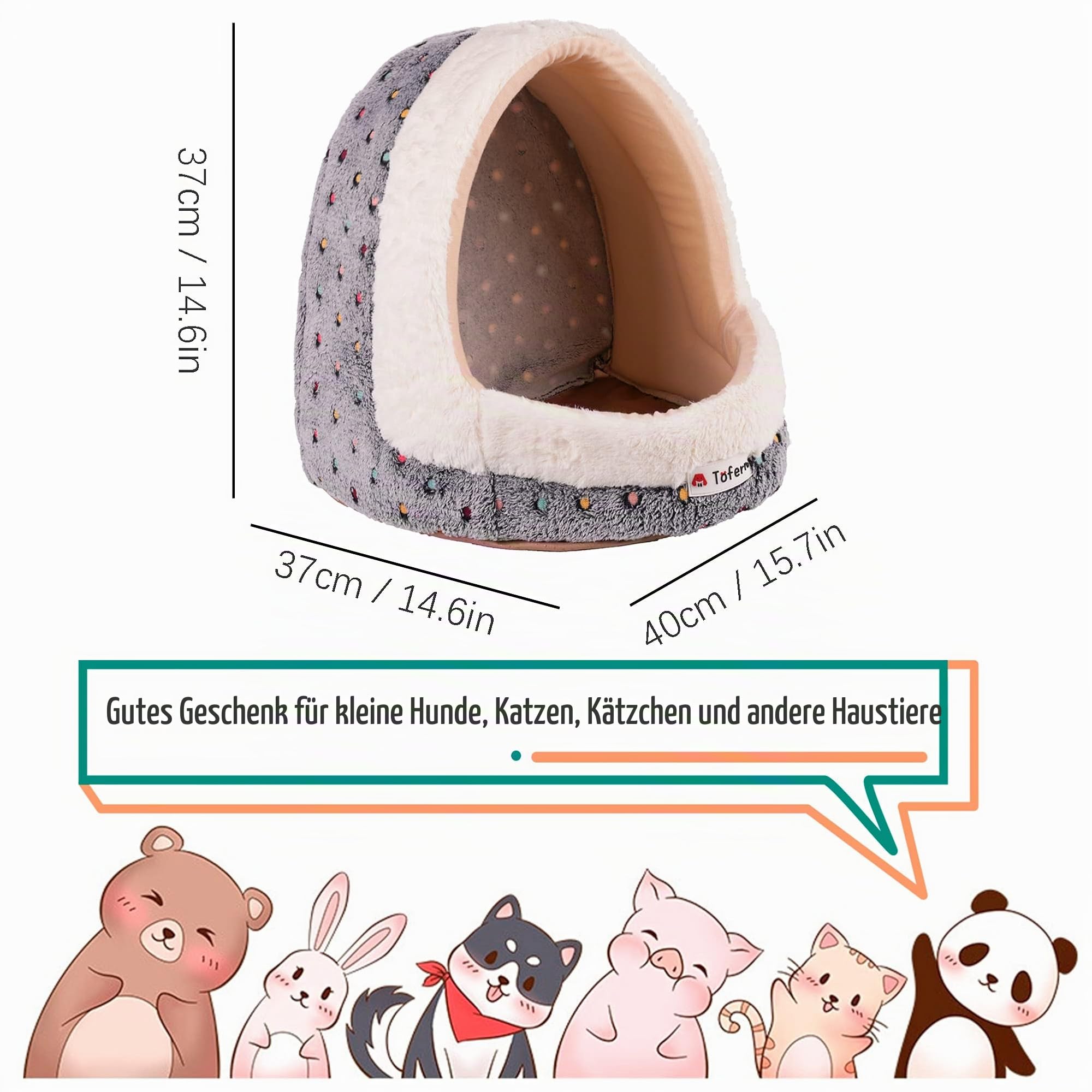 Tofern Haustierbett aus Fleece mit bunten Punkten, gestreift, für kleine und mittelgroße Hunde und Katzen, Iglu-Haus, rutschfest, warm, waschbar