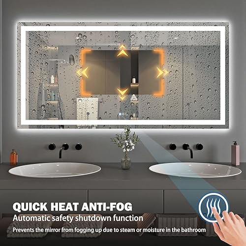 Miniatura 5 de Espejo de baño LED de 72 x 36 pulgadas con luz frontal + retroiluminada, espejo de baño de vidrio templado con luces, antivaho, 3 colores con