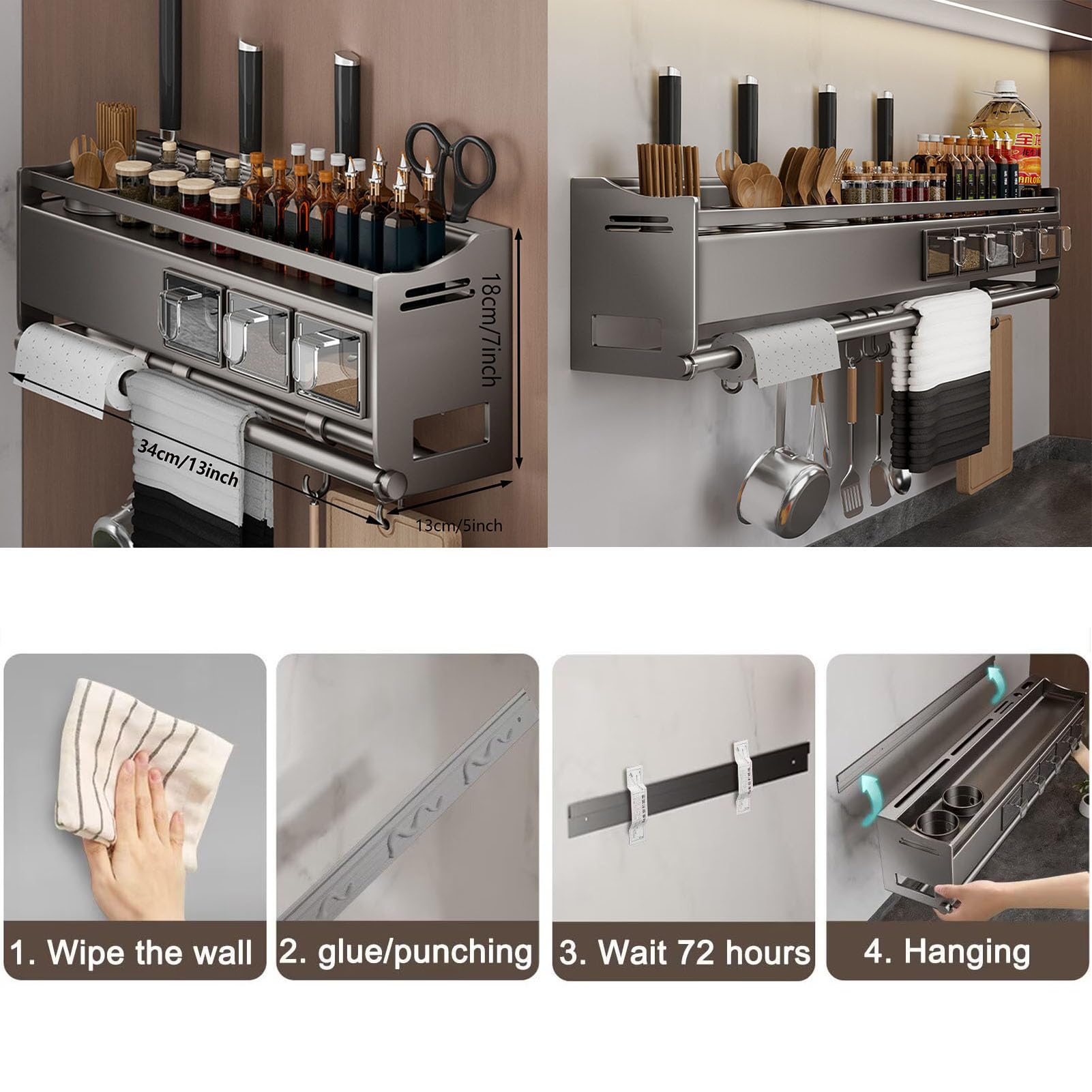 Especieros Pared para Cocina, Soportes para Botes de Especias, Estanteria Cocina Colgante, Organizador Cocina Sin Taladro, Organizador Especias para Guardar Especias, Latas, Tarros,34cm