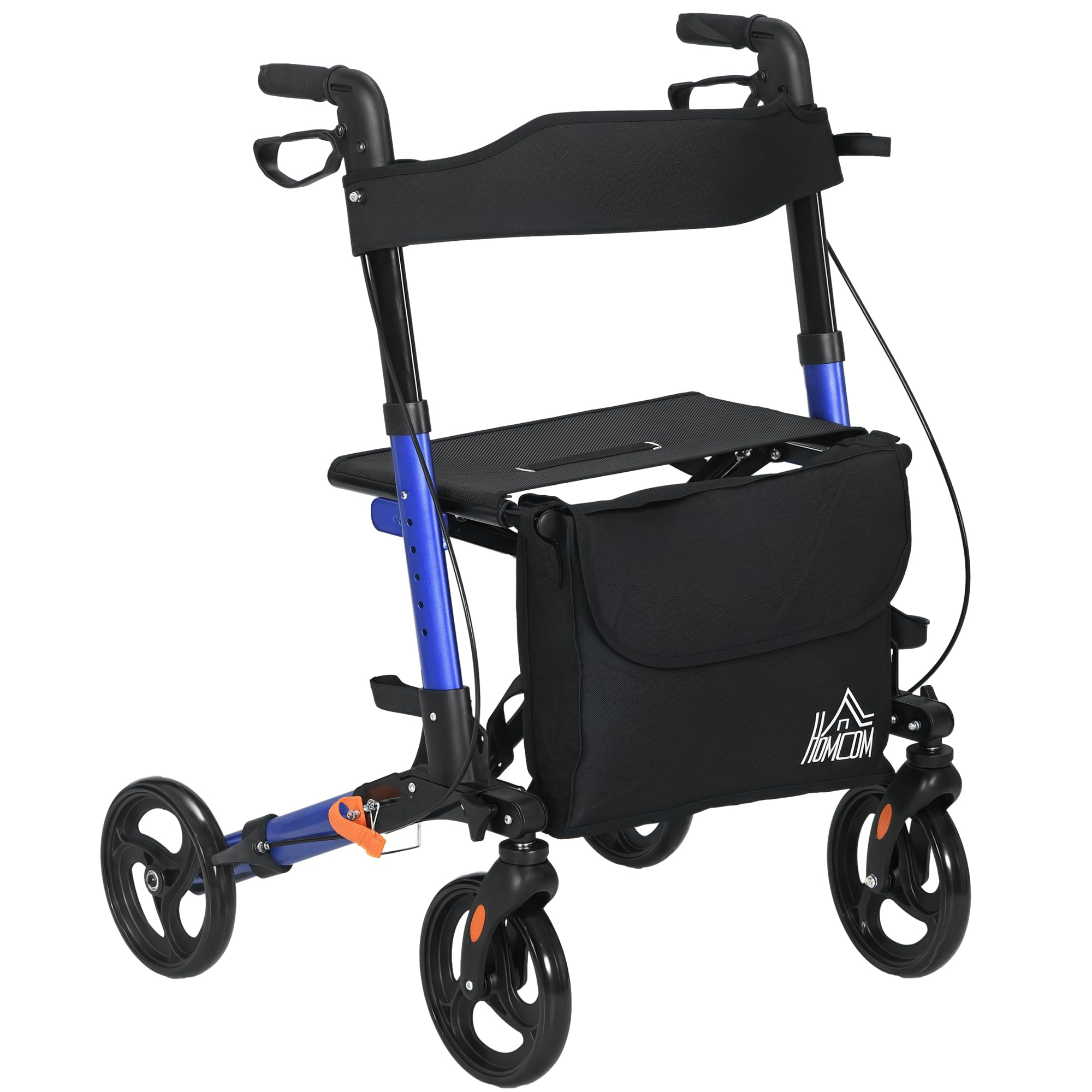 HOMCOM Andador de 4 ruedas con asiento y respaldo, andador plegable de movilidad con bolsa de transporte, altura ajustable, frenos duales, soporte para bastón, marco de aluminio ligero para personas