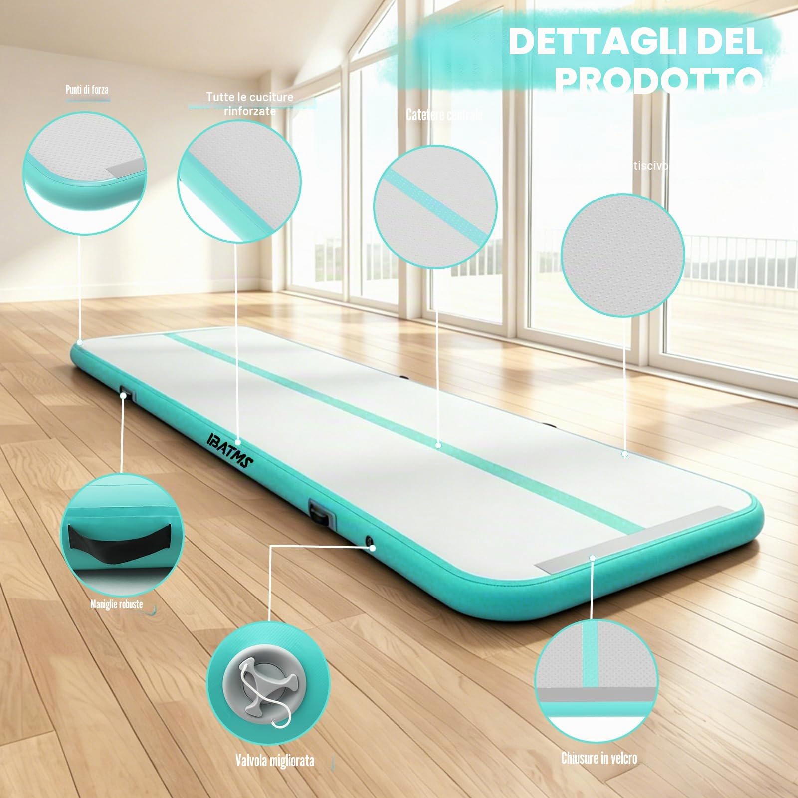 IBATMS Air Track Ginnastica Artistica 3/4/5/6 Metri, Tappeto Ginnastica Artistica da Casa con Pompa Elettrica, Tappetino Gonfiabile per Allenamento Yoga Cheerleading Fitness, 300x100x10cm Verde Menta