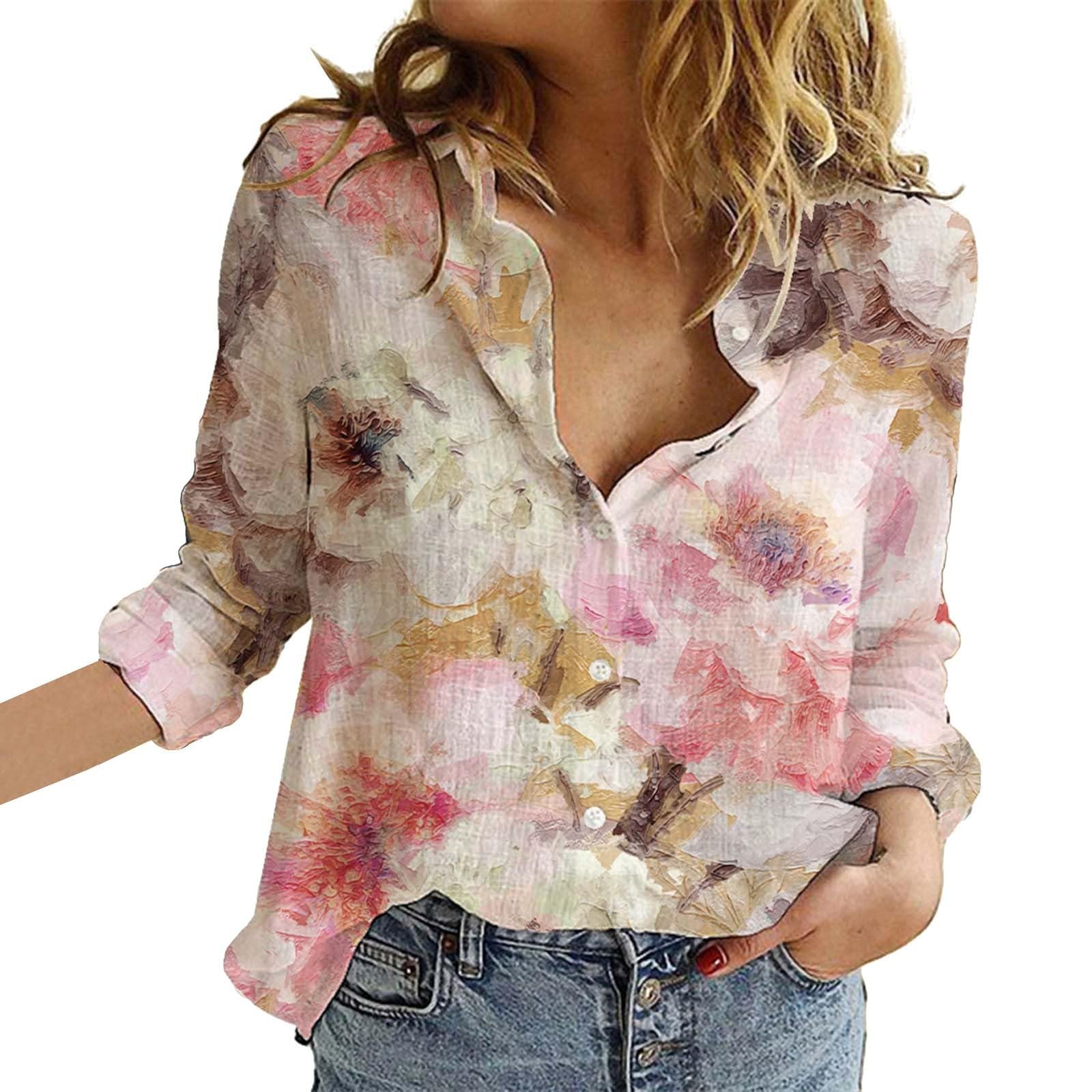 Women's Casual V Neck Boho Floral Print Roll Up Long Sleeve Chiffon Button Down Blouses Bohemian Top Shirts(Watermelon Red,Small)