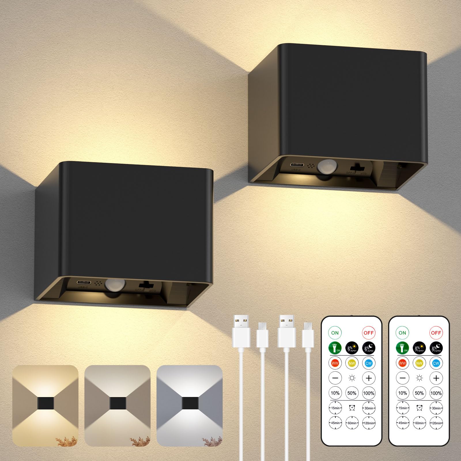 Battery Operated Wall Lights - Rechargeable Motion Sensor Lights Indoor with Remote, Wireless LED Wall Light 3 Colour Temperatures Magnetic Stick On Wall Lights for Living Room Bedroom Hallway 2 Pack
