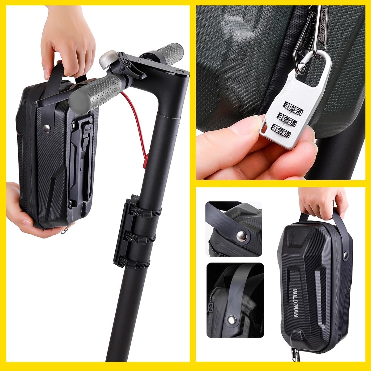 WILD MAN Hard Shell Handlebar Scooter Bag Quick Release Design Bike Bag Anti-Theft Design Scooter Storage With Carry Handle for Kick Scooters Folding Bike-GD99X(Black,4.5L)