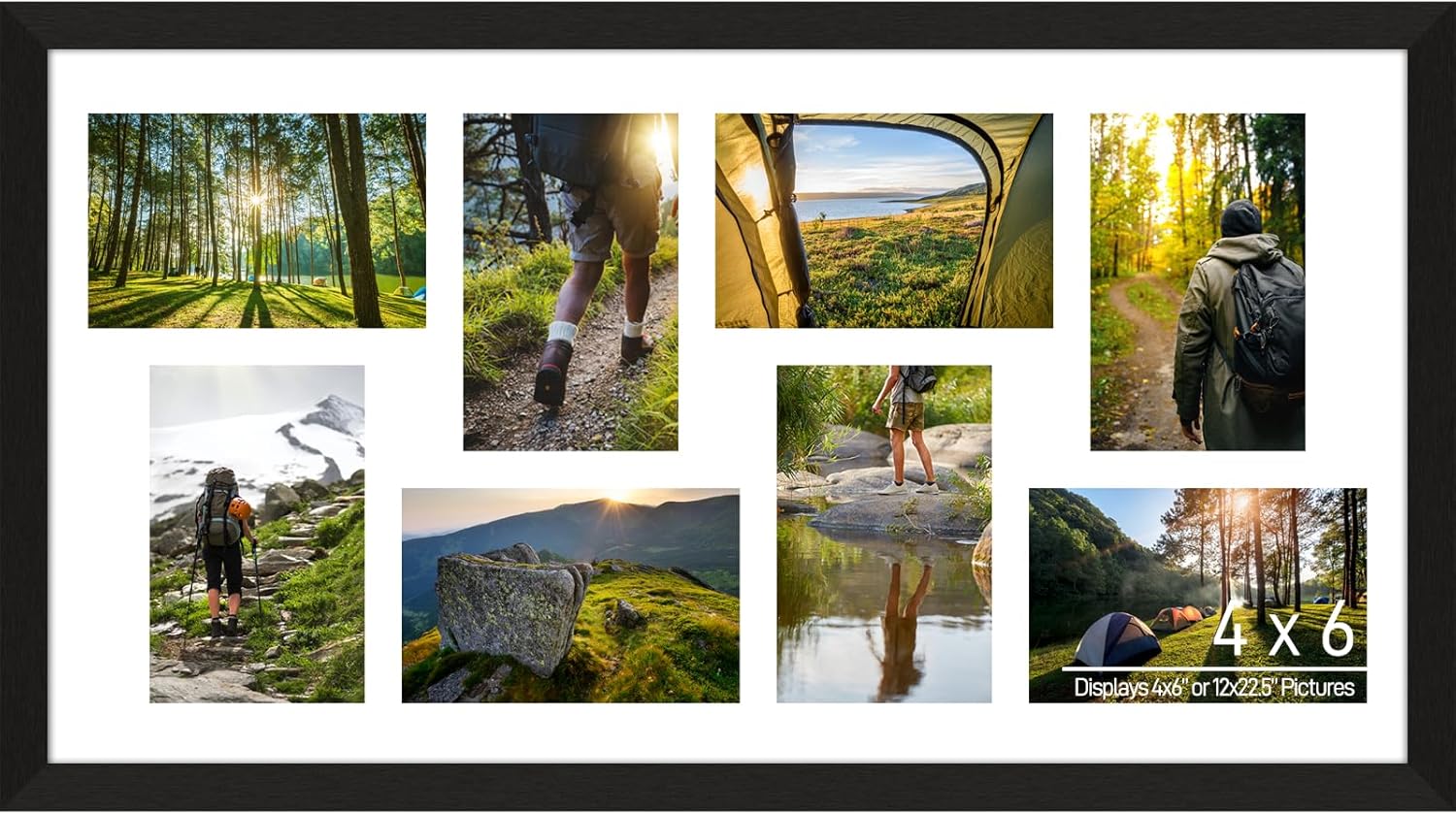 4x6 Picture Frame Collage 8 Openings, Multi Photo Collage Frame 12x22.5 Gallery Wall Decor Wooden, Black Frame with White Mat, Wood 8 Openings(12x22.5) - 4x6" Black Frame & White Mat