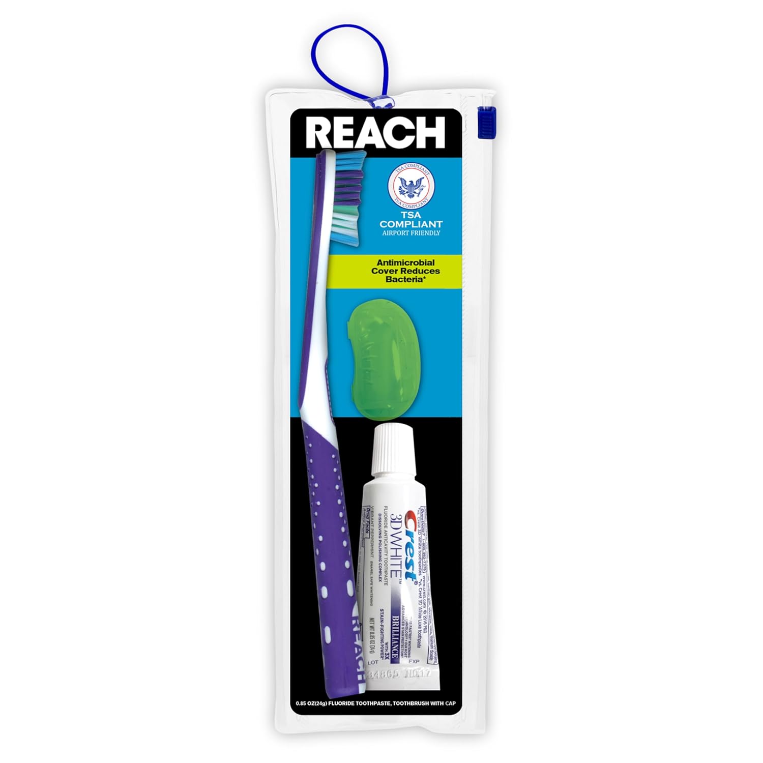 Reach Ultraclean Travel Toothbrush Kit with Crest Toothpaste - TSA Compliant, Multi-Angled Soft Bristles, Antibacterial Cap & Reusable Bag