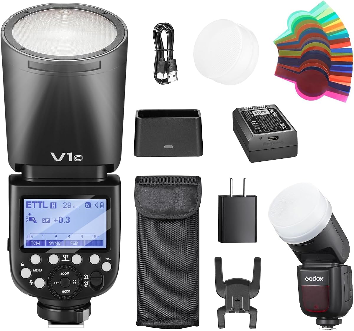 Godox V1C USA V1-C U Round Head Flash for Canon TTL Hot Shoe Flash 2.4G X Wireless HSS 1/8000s 2980mAh Lithium Battery LED Modeling Lamp Shot Speedlight with Tri-Color Diffuser for Canon(USA)Black-Red