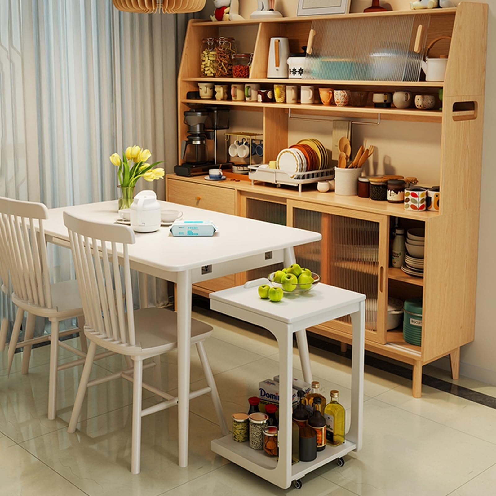 Vassoio TV in legno massello a forma di C, su ruote, versatile, piccolo tavolino o comodino per divano, soggiorno, camera da letto, spazi stretti (noce 40 x 39 x 63 cm)