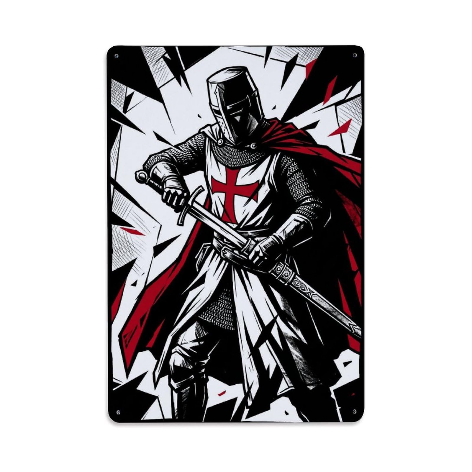 Olhnbad Style Sword Fighter Medieval Armour Knight Templar Monochrome Metal Tin Sign