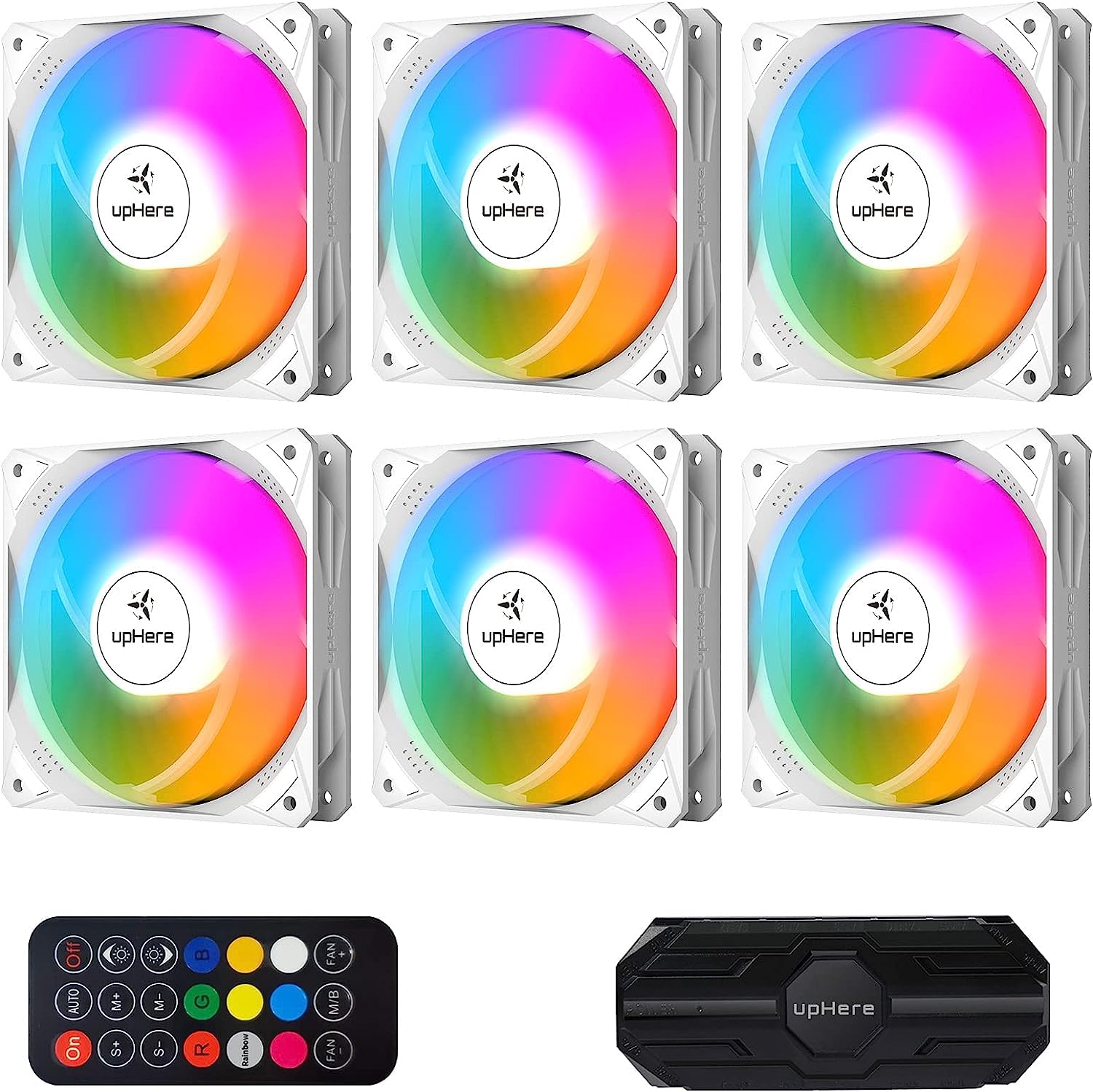upHere 120mm Case Fan,6 Pack LED Cooling PC Fans,5V ARGB Addressable Motherboard SYNC/RC Controller, Colorful Cooler Speed Adjustable with Fan Control Hub,White Edition