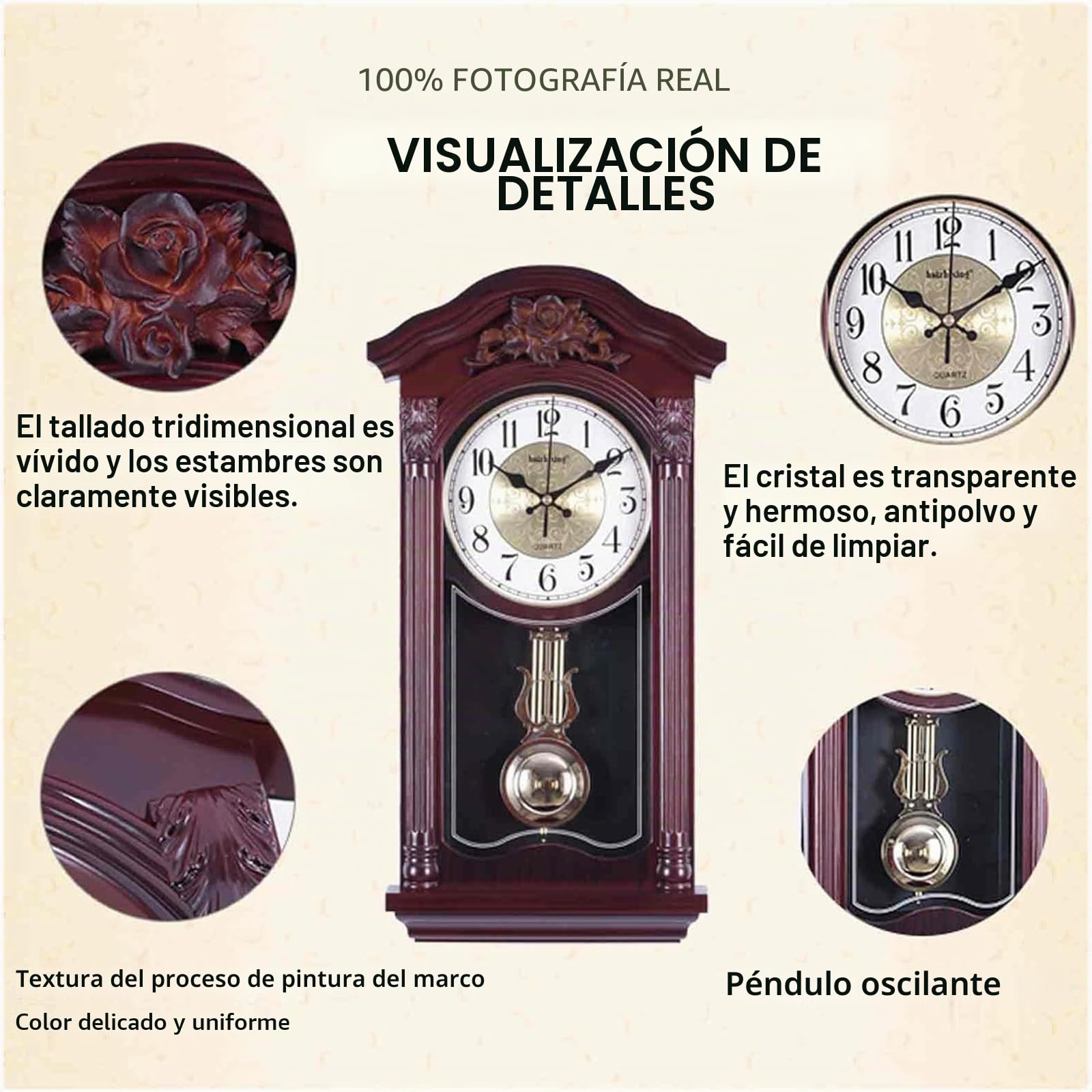 Reloj de Pared con péndulo y campanadas, Relojes de Pared Europeos Vintage con péndulo oscilante, Funcionamiento silencioso a Pilas, Ideal para salón, repisa de Chimenea y estanterías.(Red)