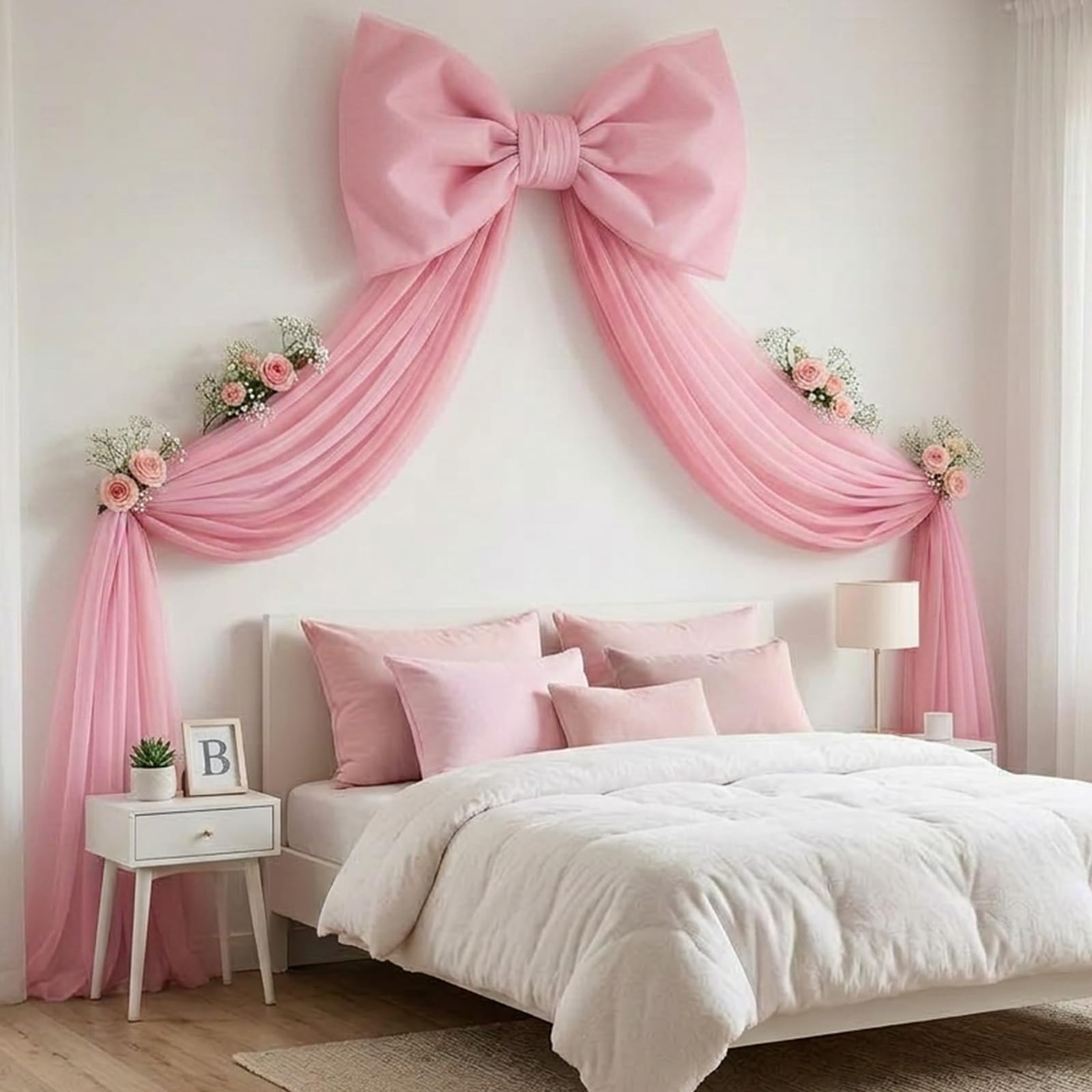 Giant Bow Decoration, 100x150cm Tulle Mesh Backdrop Bow, Pre-Assembled Large Wedding Arch Decor, Hanging Big Bows for Birthday, Baby Shower, Christmas, Party Supplies(Pink)