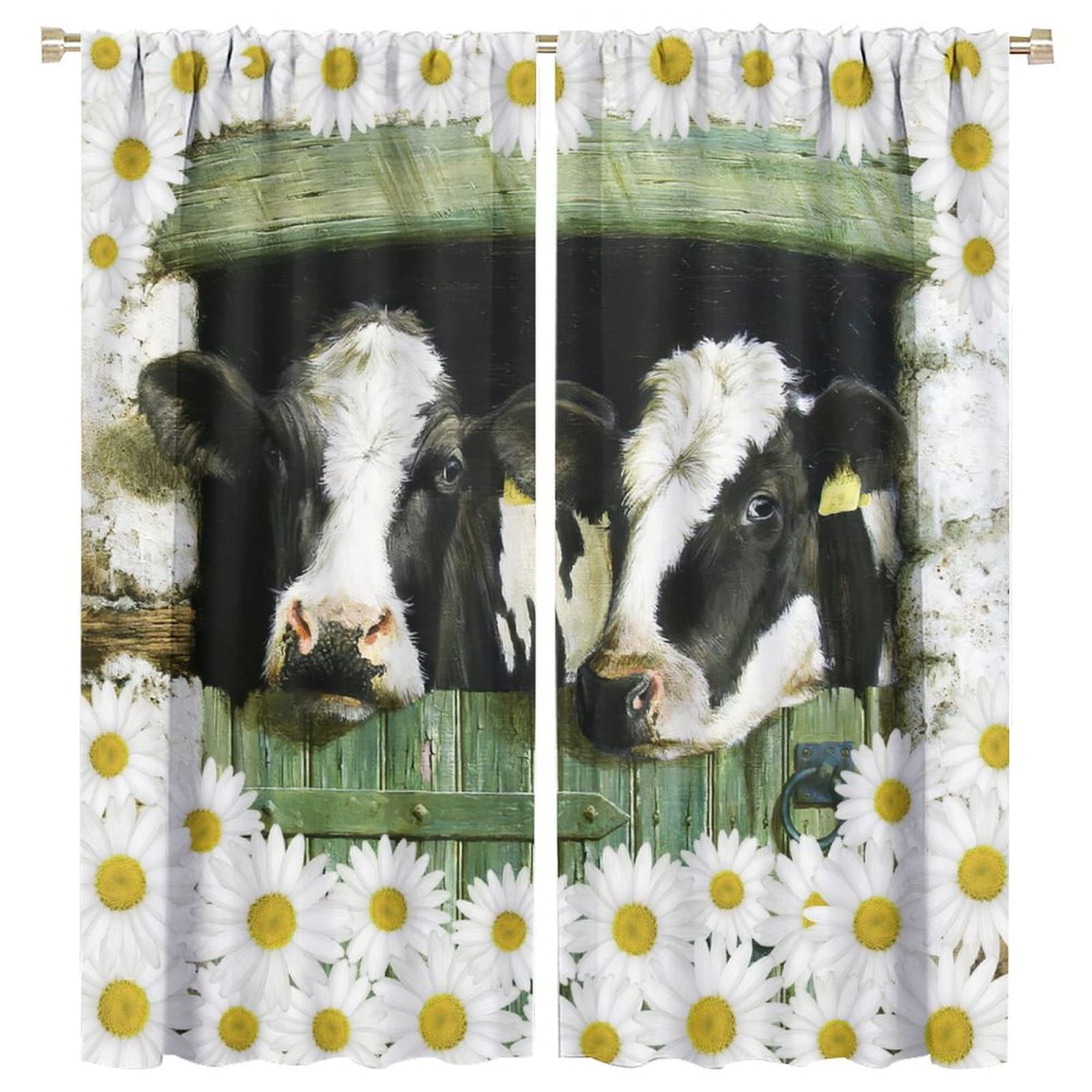 JESTRONRY Cow Kitchen Curtains,Rustic Barn Door Daisy Flower Rustic Wooden Farmhouse Animal Thermal Drapes Window Treatments for Living Room Bedroom W63xL72in