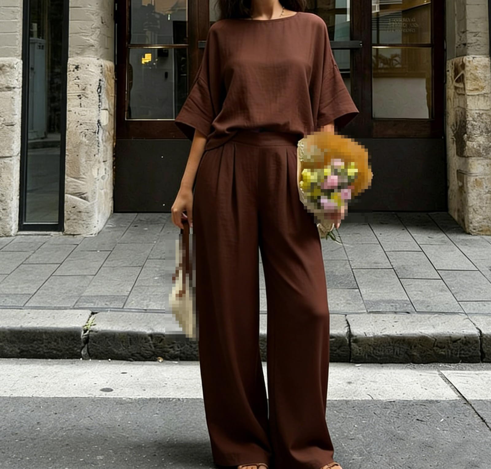 Generisch Women 's Summer Linen Set Solid Color Two Piece Loungewear mit Rundhalsausschnitt Flared Sleeve Top und Wide Leg Pants.