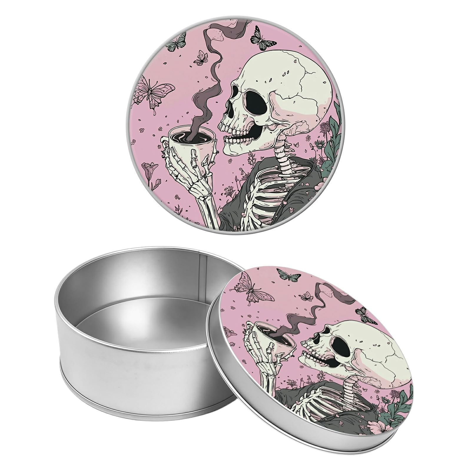 Round Metal Tin Container with Removable Lid, Pink Skull Coffee Durable Metal Storage Box for Crafts Snacks Candies Office Supplies Small Items 3.54 x 1.38 inch– Single Pack