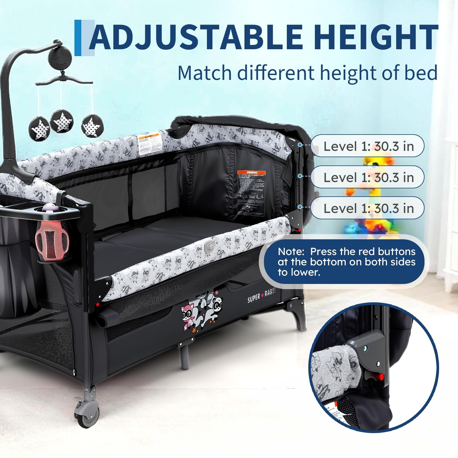 Culla Da Gioco 4 in 1 - Lettino Neonato Con Tubo Ferro e Tela Oxford 210D, Culla Affiancabile Ruote Bloccabili, Porta Zip, Spazio Portaoggetti e Barra Giochi