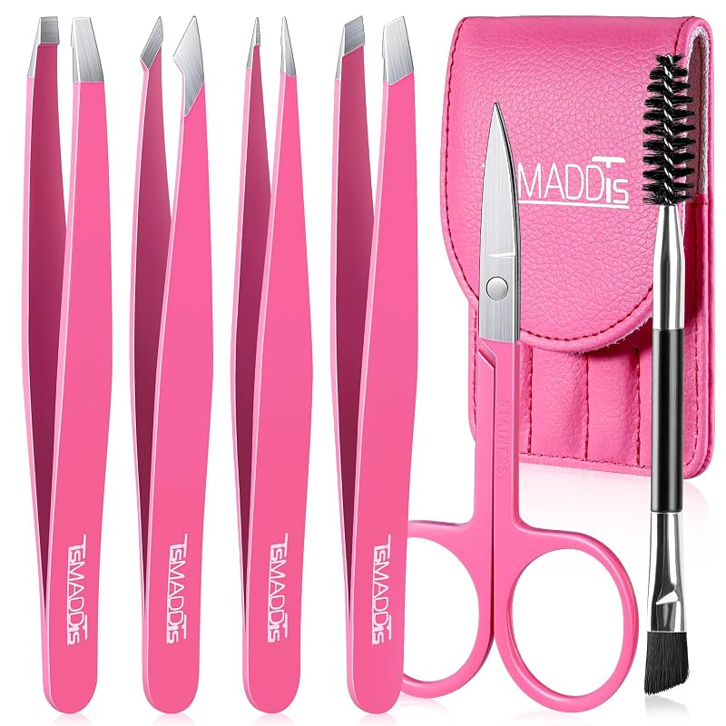 TsMADDTs Conjunto com 6 peças para sobrancelhas com pinças, tesoura curva e escova