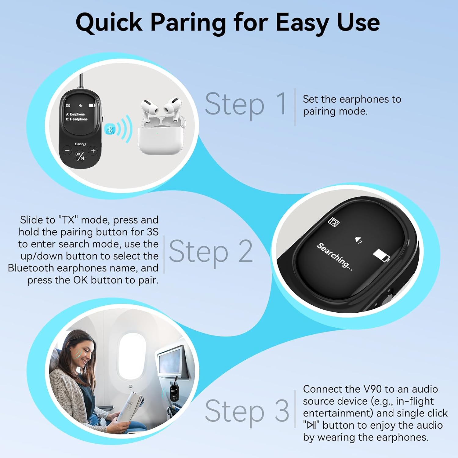 Airplane Bluetooth 5.3 Transmitter Receiver Adapter, Supports 2 AirPods or Headphones with aptX Low Latency, 3.5mm AUX Jack Wireless Audio Transmitter for Planes, Airline, Travel, TV (Black)