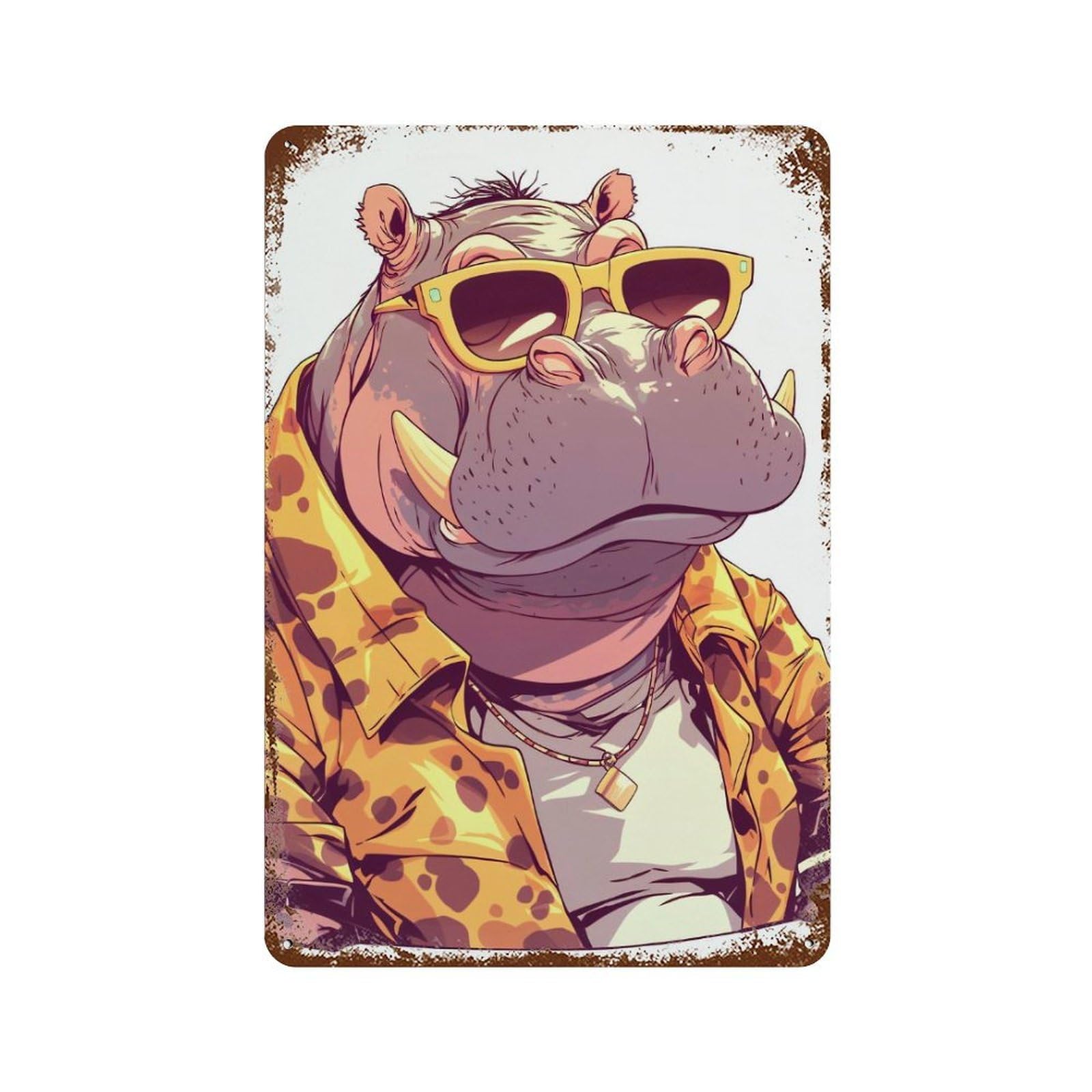 Cool Hippo with Sunglasses And Jacket Retro Metal Sign 11.8"x7.9", Shabby Chic Decor for Bistro, Counter And Cafe Decor