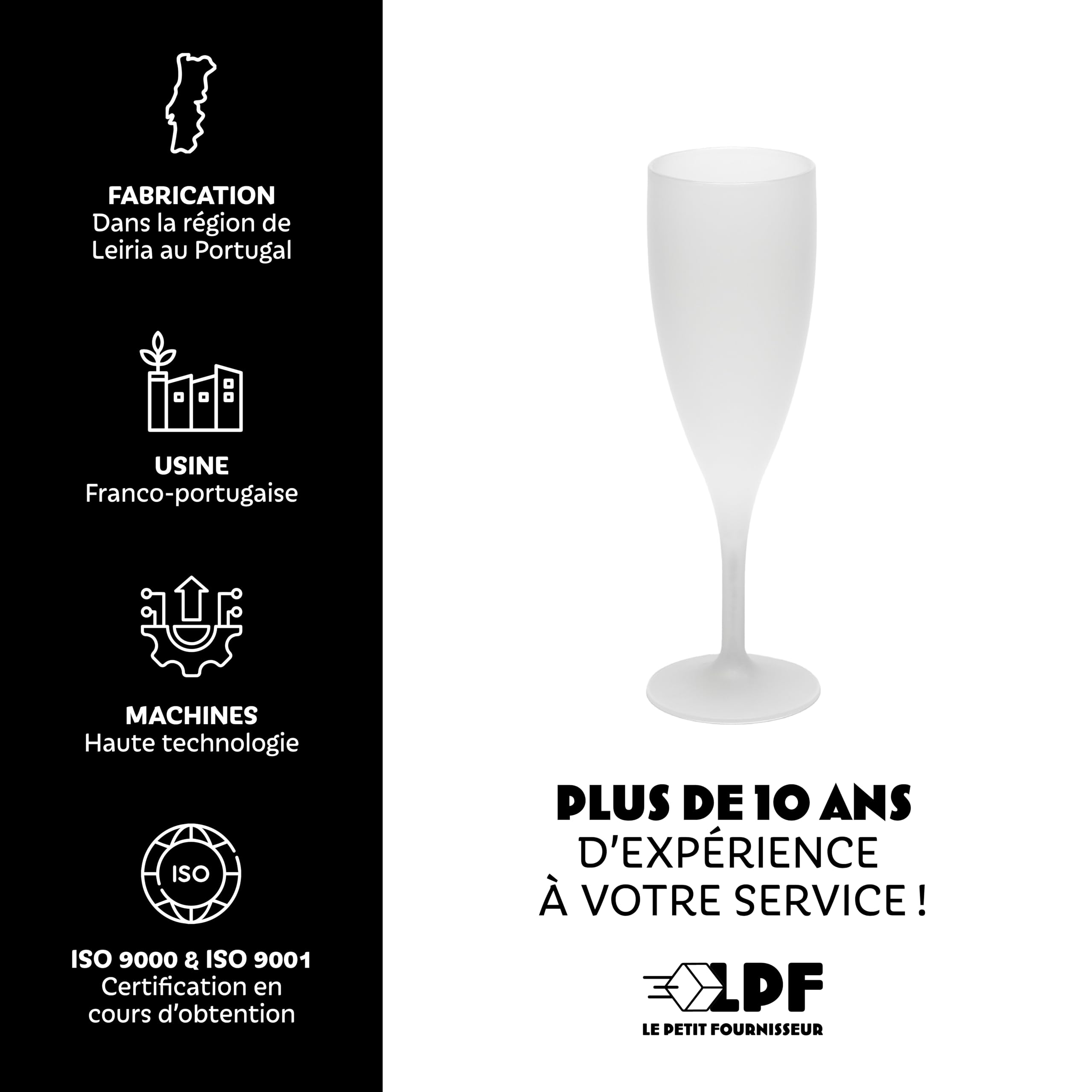 LPF LE PETIT FOURNISSEUR - Lot de 50 Flûtes à champagne réutilisables 12cl (15cl max) - Polypropylène plastique alimentaire - Verre à champagne durable - Compatible lave-vaisselle - Couleur givrée