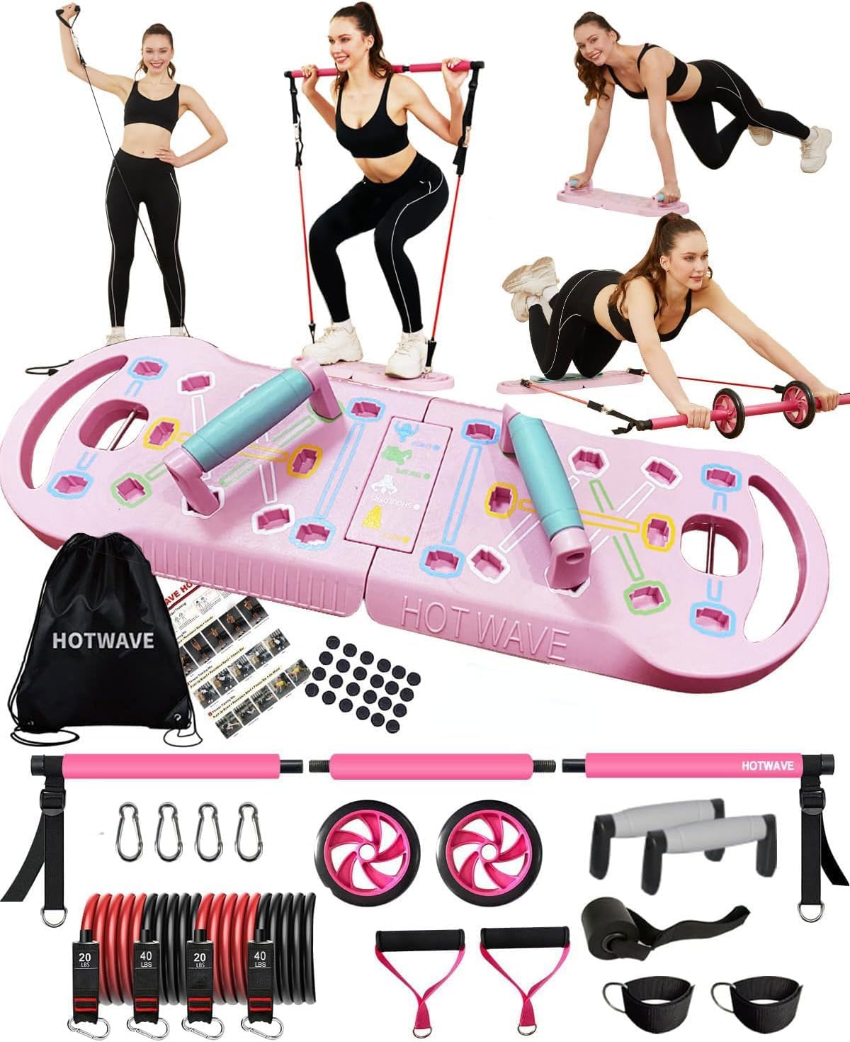 HOTWAVE Portable Exercise Equipment with 16 Gym Accessories,20 in 1 Push Up Board Fitness,Resistance Bands with Ab Roller Wheel,at Home Workout for Men