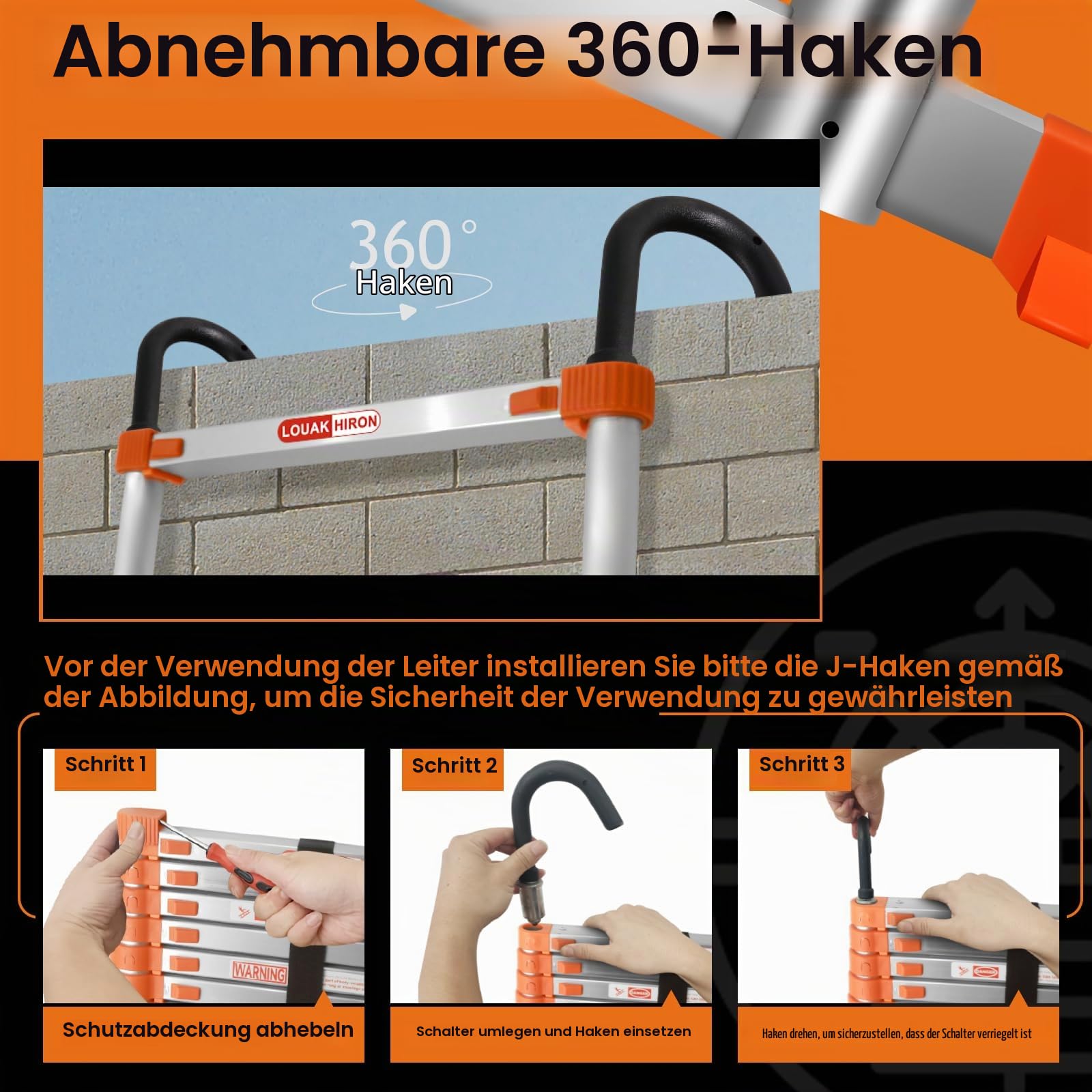 5,1M Alu Teleskopleiter mit Haken Ausziehbare Leiter Klappleiter mit Stabilisator Stehleiter Rutschfester, aus hochwertigem Aluminium, Ausziehleiter Mehrzweckleiter (orange)